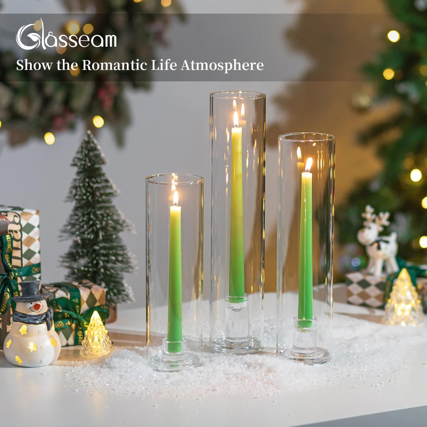Glasseam Hurricane Taper Candle Holders: Set of 3 Glass Candlestick Holders with Clear Tall Cylinder Candle Sleeves for Centerpiece Table Outdoor Wedding Home Decor 9.84''/11.84''/13.78''