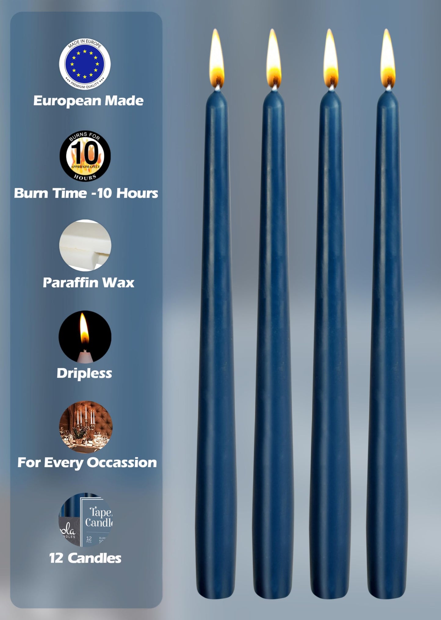 Hyoola 12 Pack Tall Taper Candles - 12 Inch Midnight Blue Dripless, Unscented Dinner Candle - Paraffin Wax with Cotton Wicks - 10 Hour Burn Time