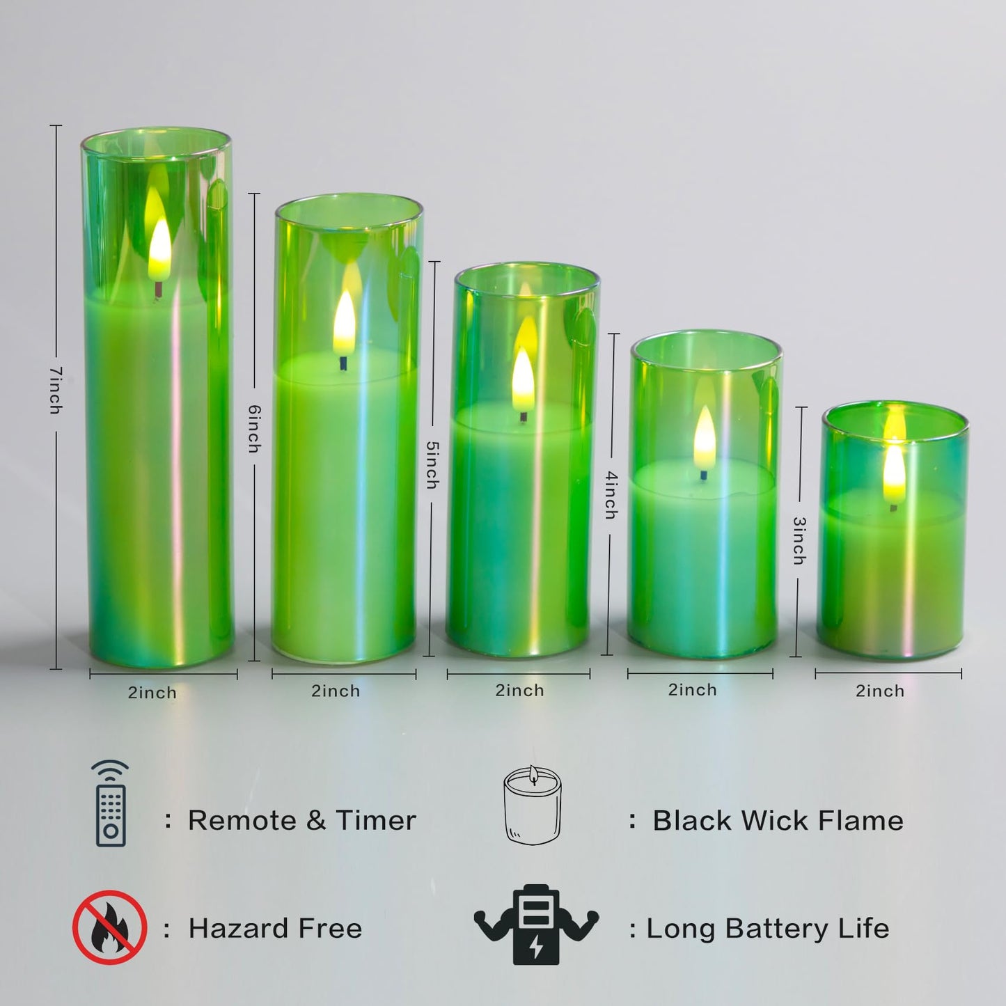 Eywamage Green Glass Flameless Candles with Remote Batteries, LED Pillar Candles Flickering Spring Home Decor Set of 5