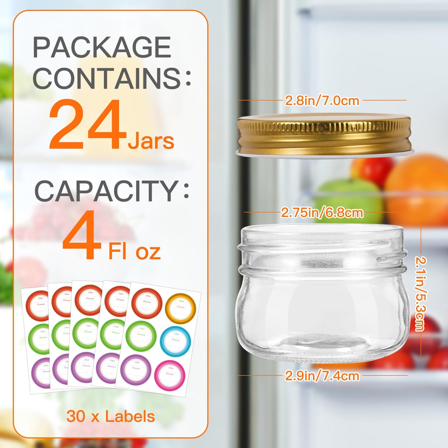 Mcupper 4 oz Mason Jars With Gold Lids, 24 Pack Regular Mouth Canning Jars for Jam, Honey, Yogurt, Spices, Snacks, DIY Projects, Wedding Favors- Includes 30 Stickers