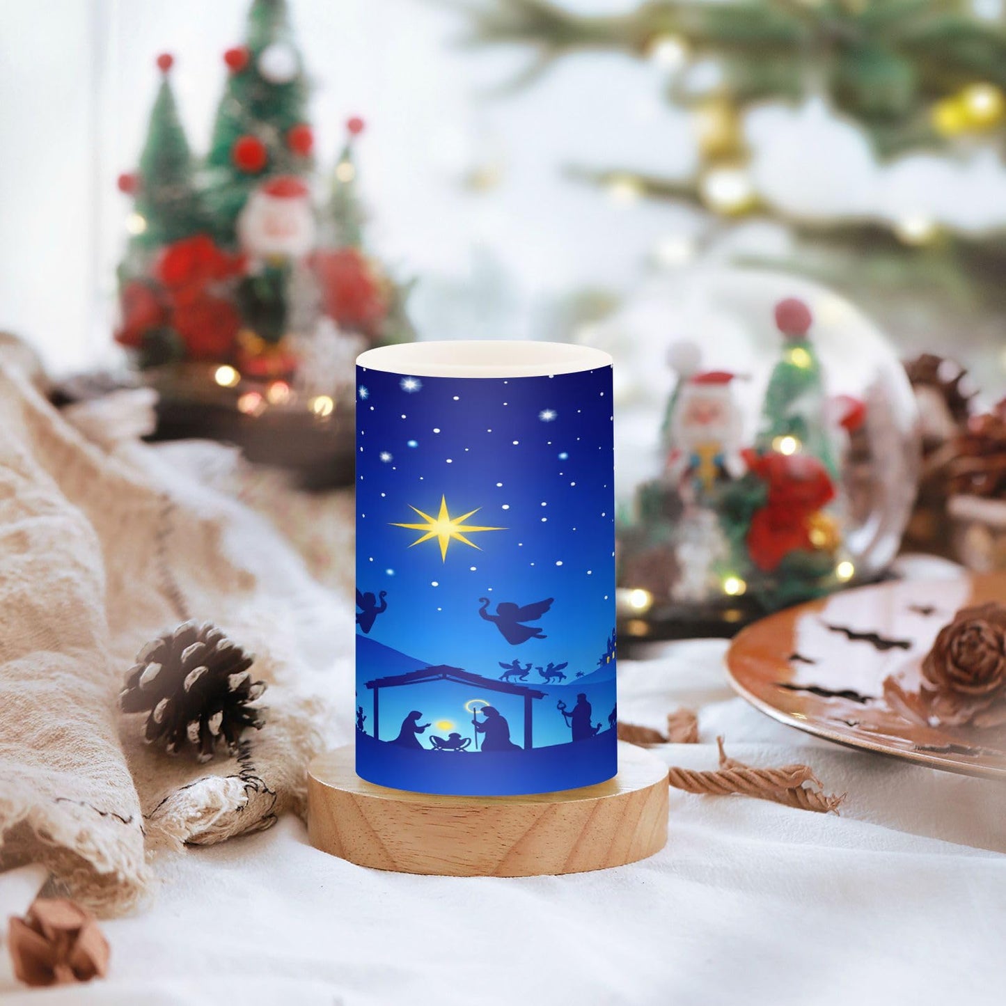 ALAZA Christmas Blue Nativity Scene Flickering Flameless Candles Battery Operated with Remote Timer,Tea Light Candles LED Pillar Votive Candles Set of 2 for Outdoor Indoor Decorations