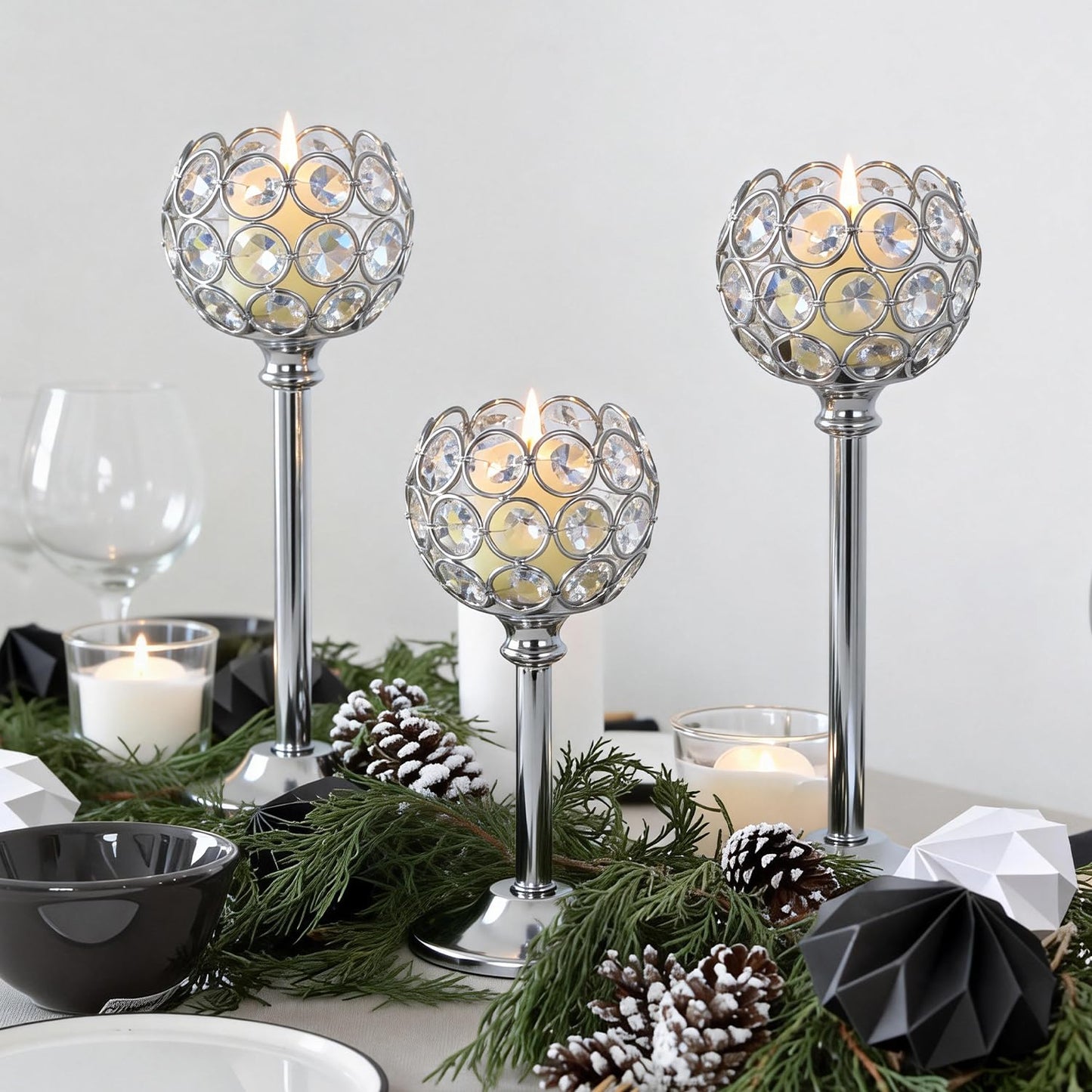 Oakernel Silver Crystal Candle Holders Candlestick Holders - 2 Sets Tall Bling Bowl Candelabra Centerpieces for Dining Table, Wedding, Party & Fireplace Mantel Decor,6Pcs