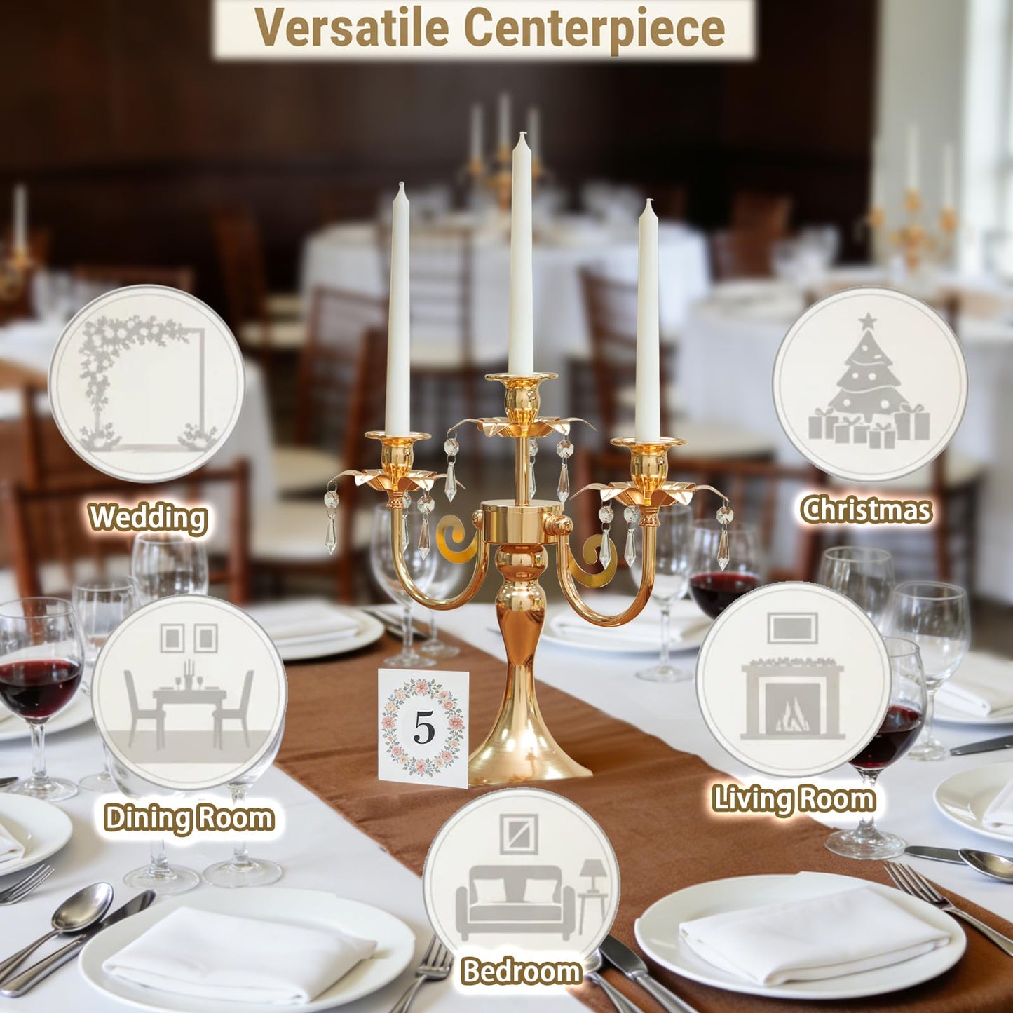 KEHAIL Metal 3 Arm Gold Candelabra with Crystal Pendants - 11.8 Inch Tall Candle Holders, Set of 6 - Elegant Taper Candlestick Stand for Wedding, Dining Table, Party Home Decoration