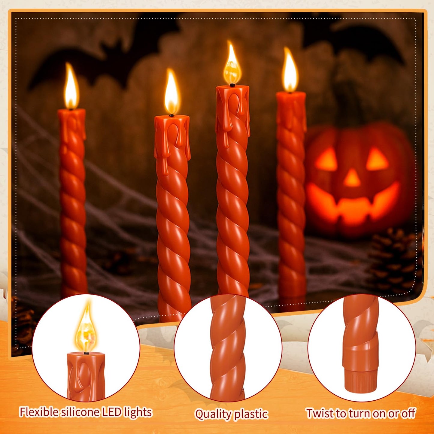CHENGU 12 Pcs LED Taper Candles Flameless Battery Dripless Dinner Candles for Thanksgiving Day, Weddings, Church, Hanukkah, Christmas, Autumn, New Year Celebration(Spiral Orange,Spiral)