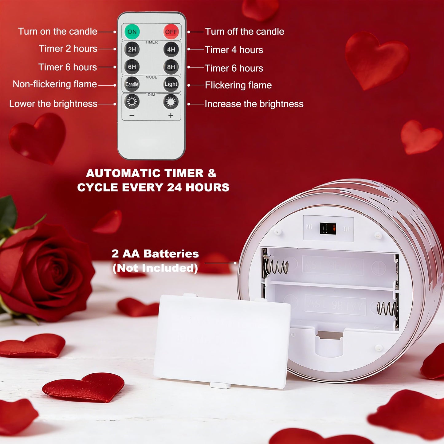 AFINETH Valentines Day Flameless Candles with Remote, Red Heart Glass Battery Operated Candles, Real Wax Flickering LED Pillar Candles for Proposal Wedding Anniversary Romantic Night, 3 Pack