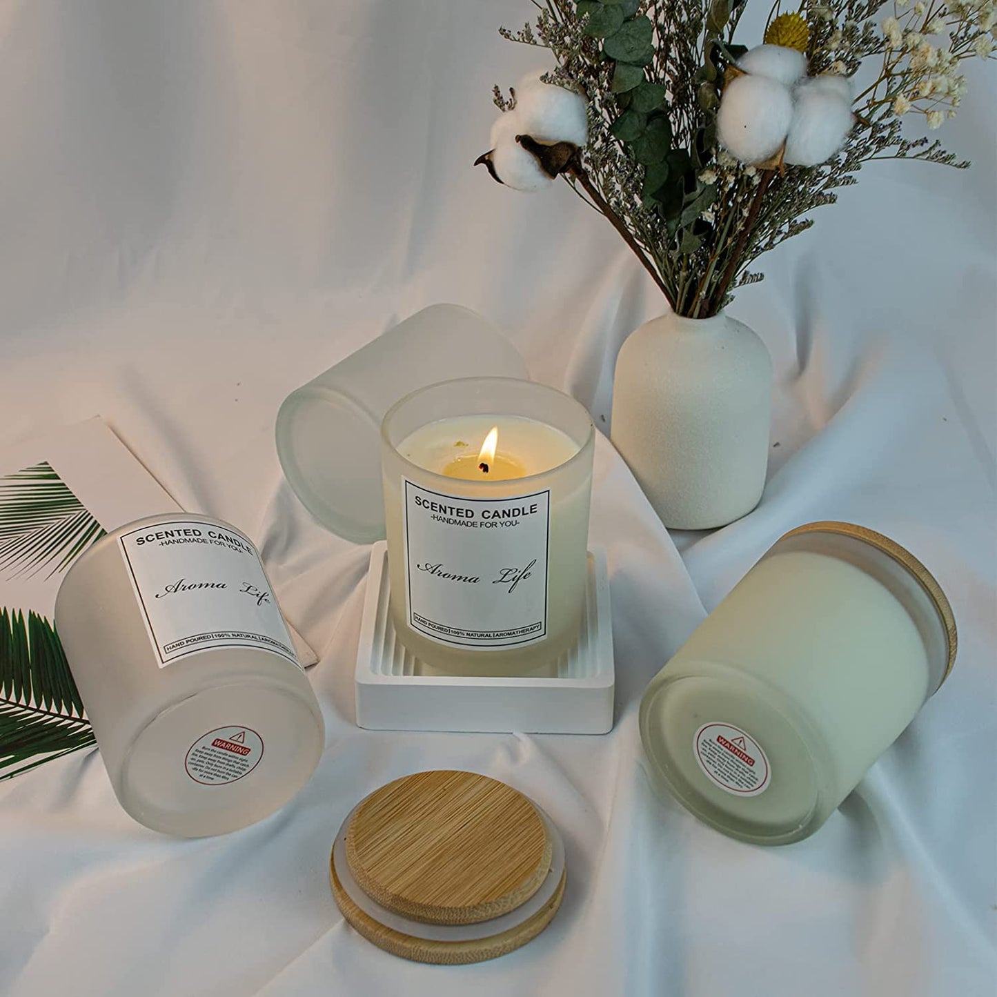 Creahaus 10oz, 16 Pack Thick Candle Jars with Bamboo Lids for Making Candles, Bulk Frosted Empty Glass Candle Containers & Sticky Labels, Warming Labels Kit, Heat Resistant Candle Vessels