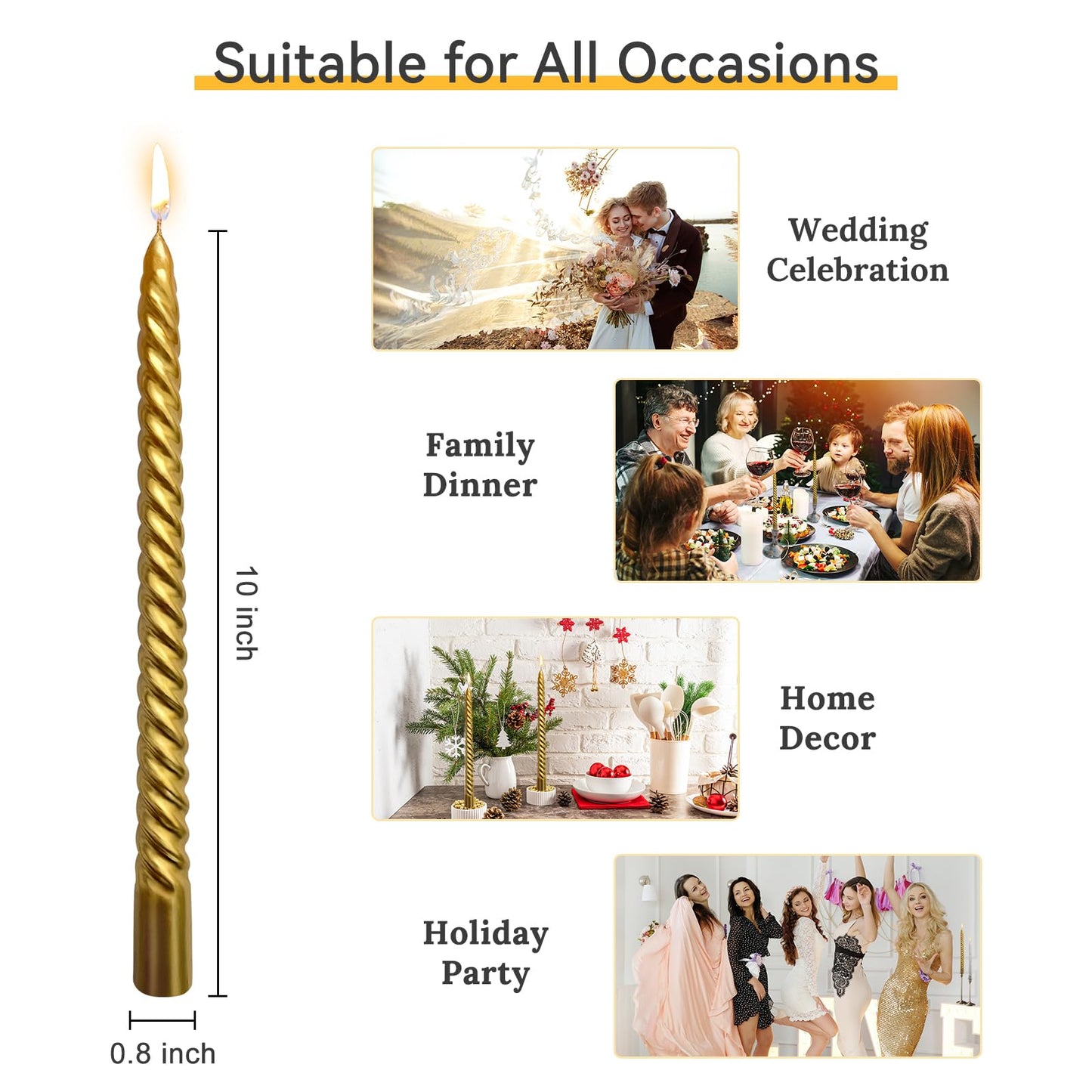 10 Inch Gold Spiral Taper Candles Set for Christmas, 12 Pack Unscented Twisted Candlesticks, Dripelss Thin Tapered Candles for Holiday Party Decoration