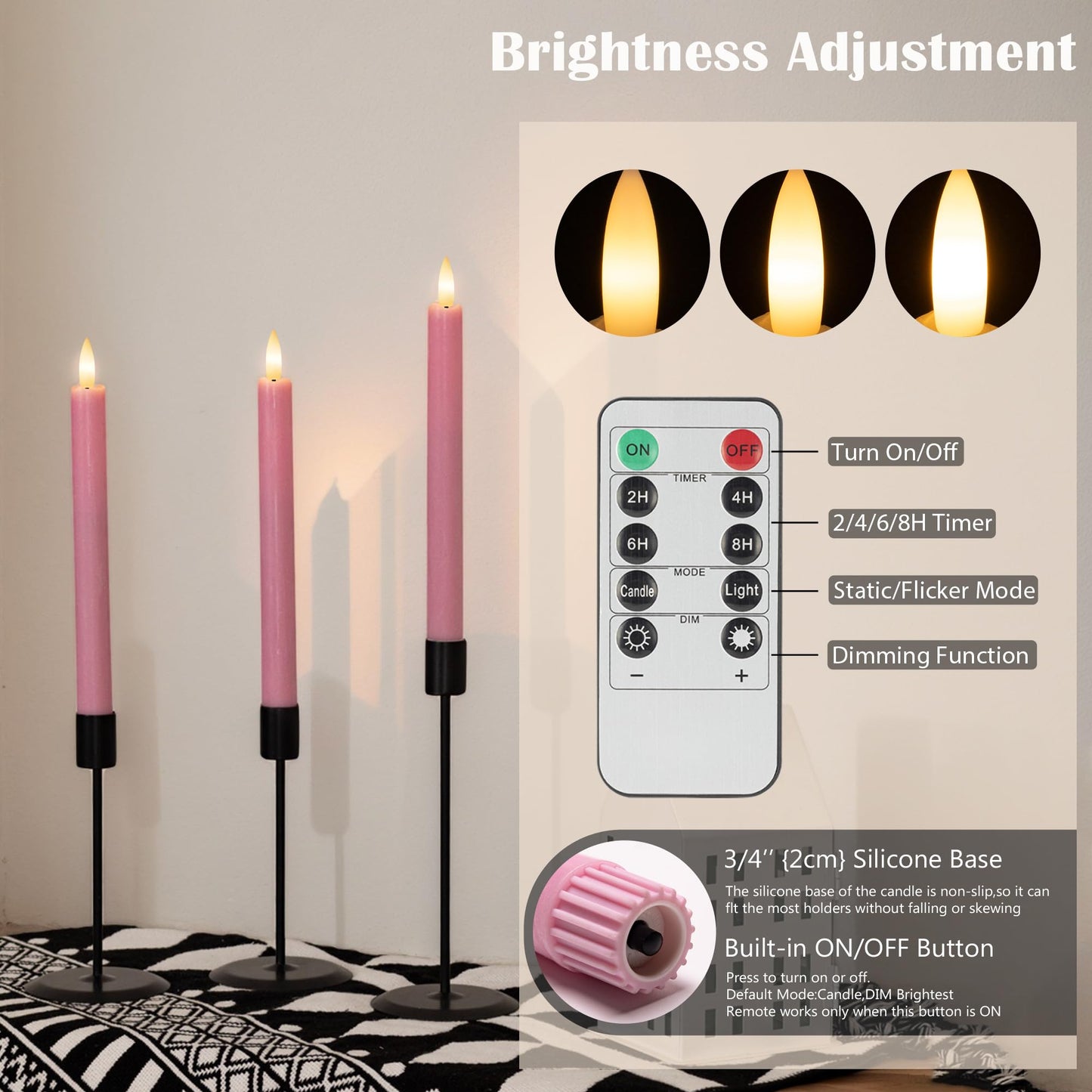 Pink Flameless Taper Candles with Remote, Real Wax Battery Operated LED Candles with 3D Flickering Flame, 9.6" Realistic Dripless Candlesticks for Valentine's Day Decor, Proposal Wedding, 3 Pack
