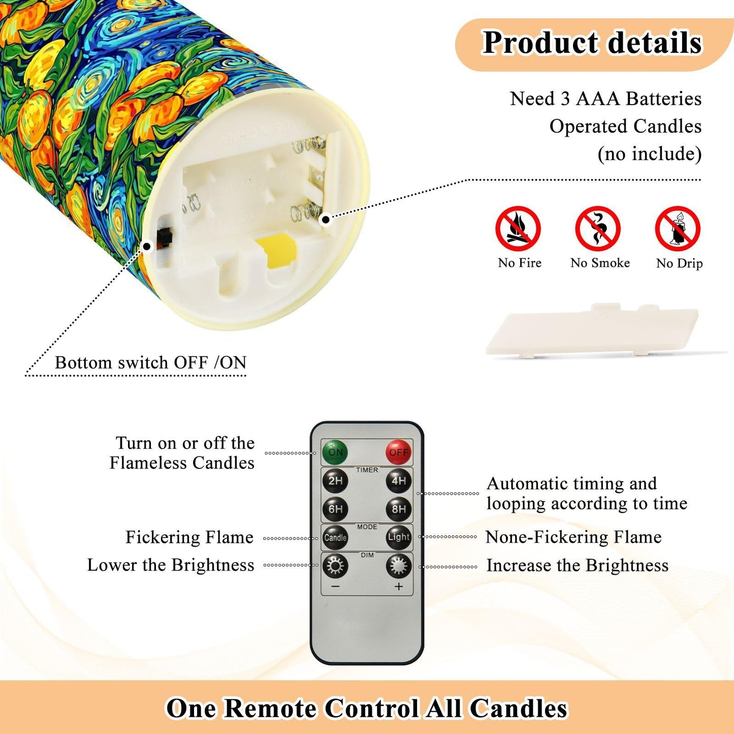Gravopti Oil Painting 2 Pack Flameless LED Pillar Candles with Remote & Timer, Battery Operated, Flickering Wax Candle for Wedding, Romantic Home & Party Decor