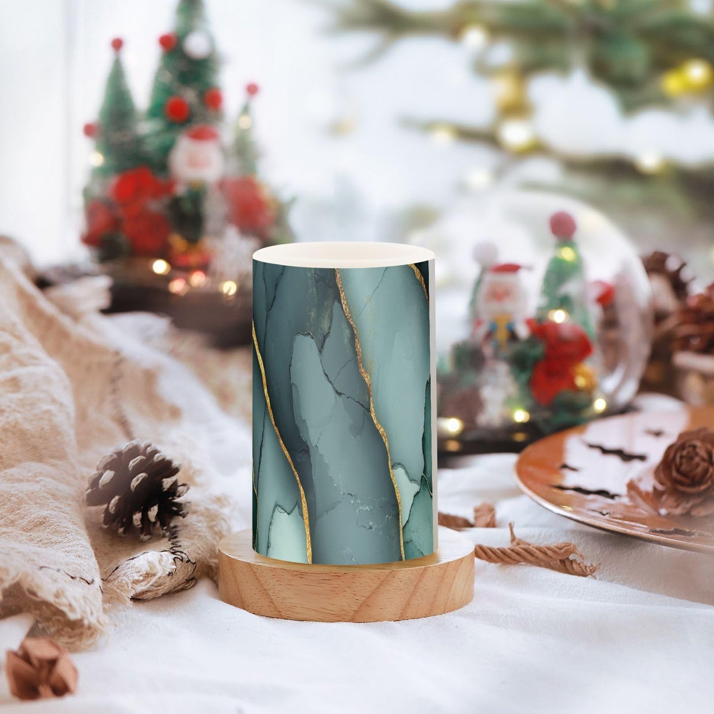 Flameless Pillar Candles Battery Powered Flameless Candle Lantern for Outdoor Marble Green Grey