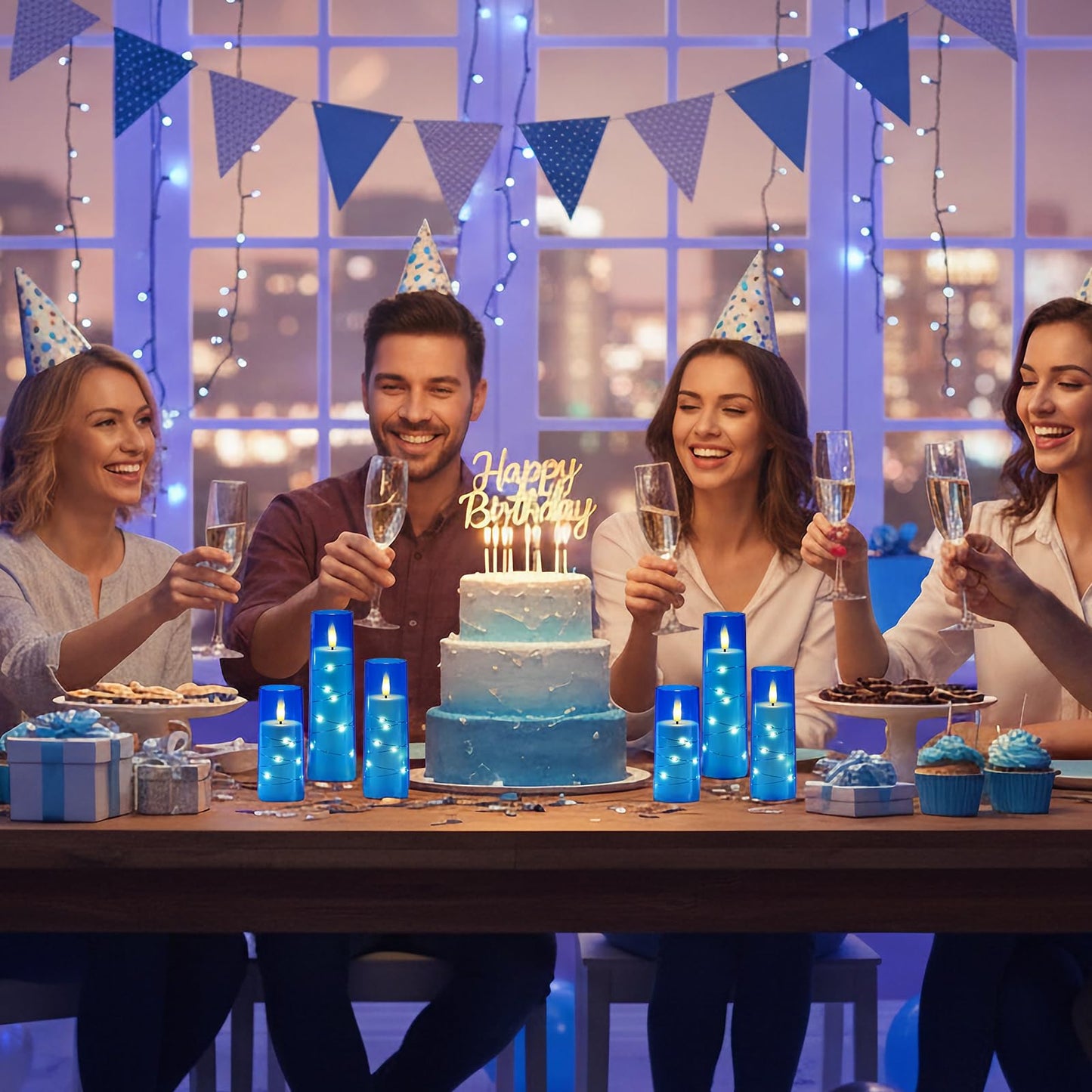 Raycare Independence Day Flameless Candle with Remote Timer – 5 Flickering Acrylic Battery Operated LED Pillar Candles with Embedded Star String for 4th of July Home Patriotic Decor, as a Gift (Blue)