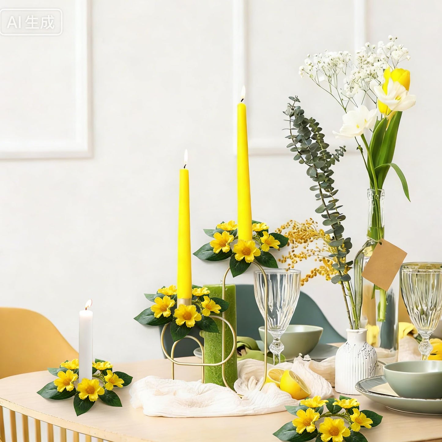 6 PCS Summer Yellow Daisy Taper Candle Rings Wreaths 1.38" Mini Spring Summer Floral Taper Candle Holder Wreaths Artificial Flower Farmhouse Table Centerpieces Wreath for Rustic Home Candlestick Decor
