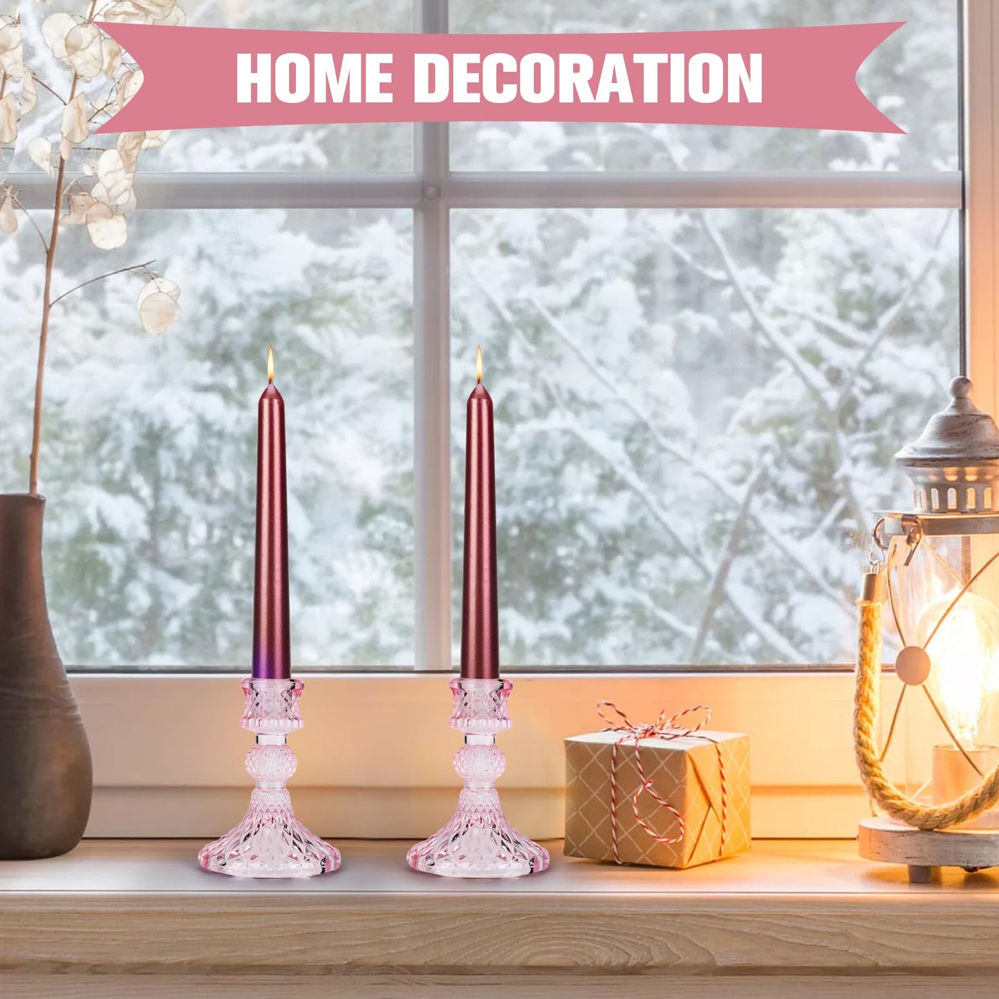 Glass Candle Holder, 2PCS Decorative Candle Sticks Pillar Candle Stand for Formal Events Wedding Party Table Centerpieces Home Decoration, Pink