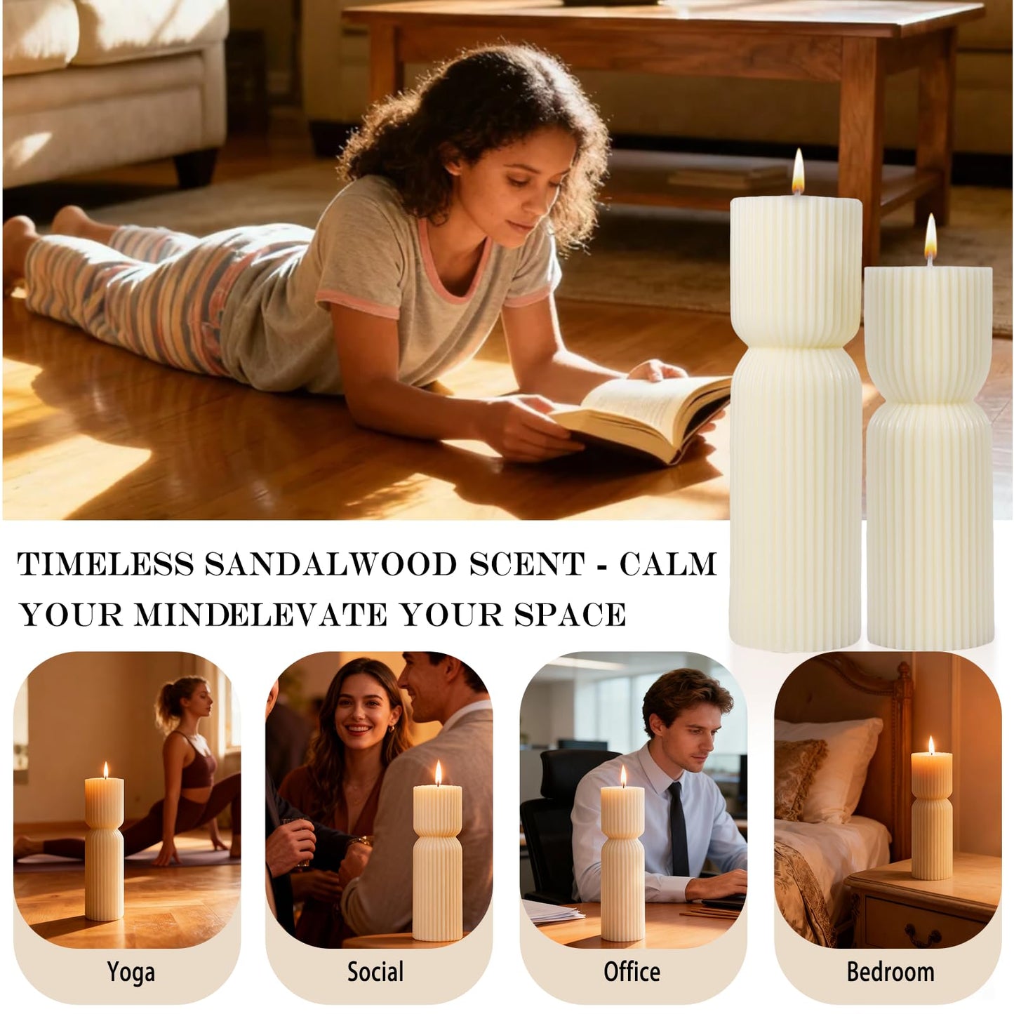 Aesthetic Sandalwood Scented Candles,Ribbed Pillar Candle Set of 2 (7.87" & 9.05" Tall), Natural Soy Wax Minimalist Geometric Decor, Modern Fluted Sculptural Candles for Home,Shelf, Mantel & Gift