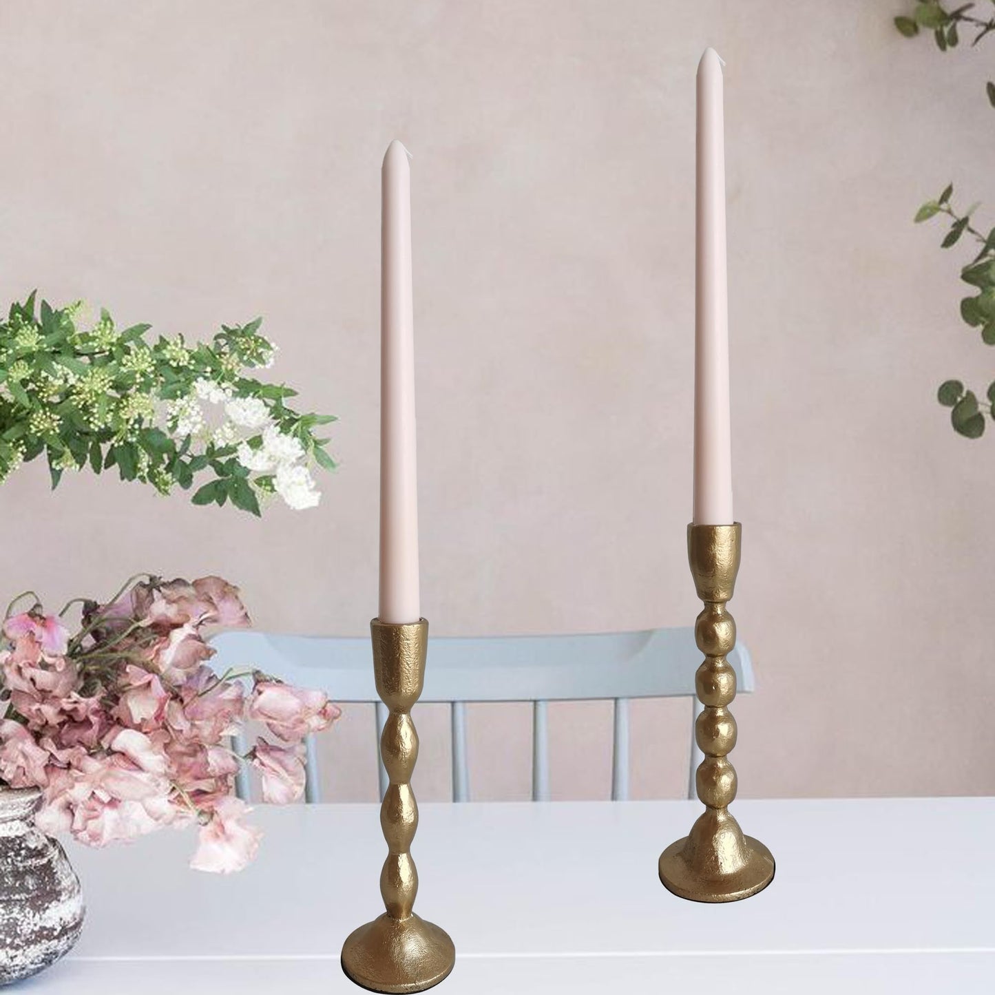 Antique Iron Taper Candle Holders - Set of 2 Decorative Candlesticks, Brass Finish Candle Stand for Weddings, Dining, and Parties