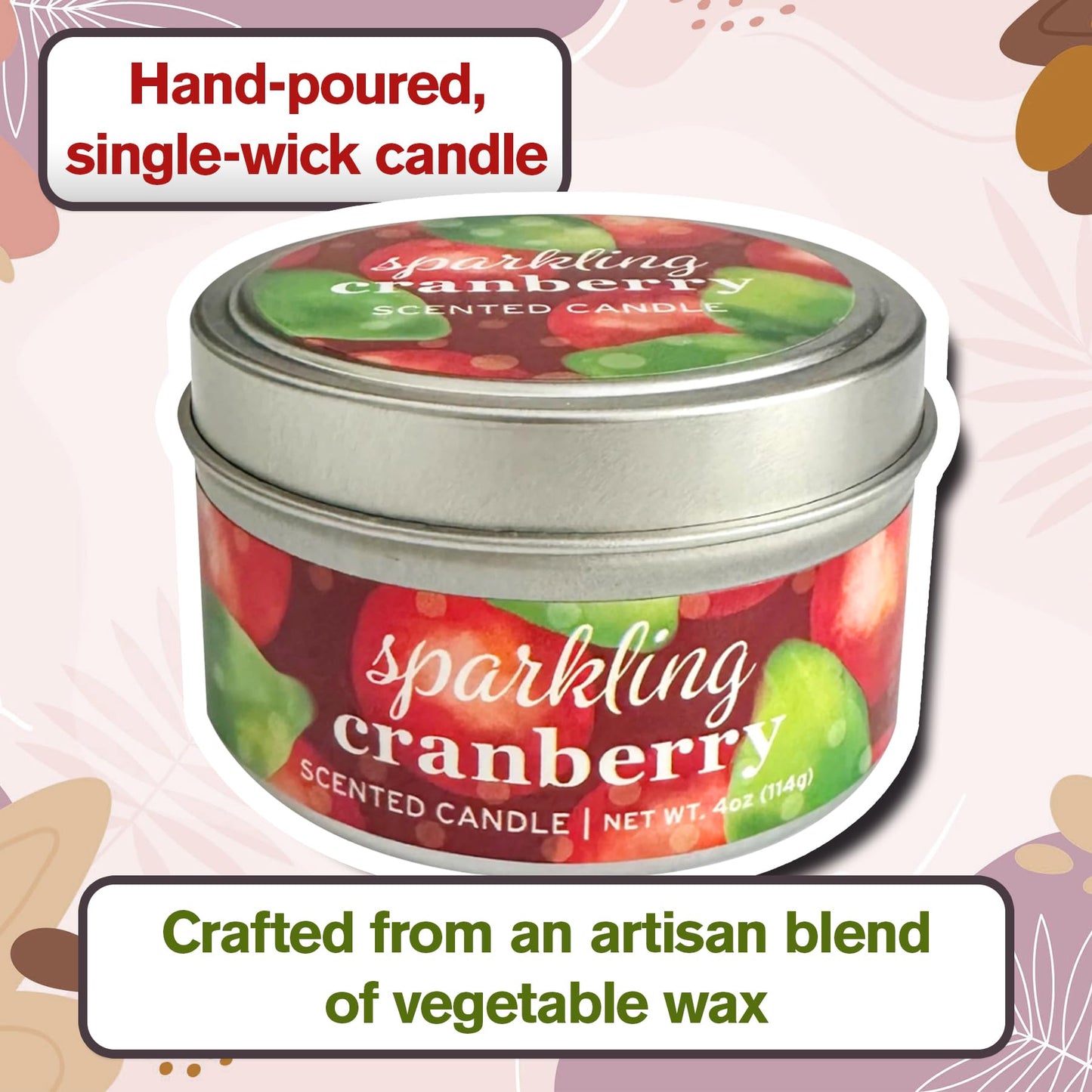 Greenwich Bay Hand-Poured Scented Candle in Decorative Tin – 4 oz/114 g Travel Candle with Lead-Free Wick, Vegetable Wax, Aromatherapy Gift, Single Wick – Made in USA (Sparkling Cranberry)