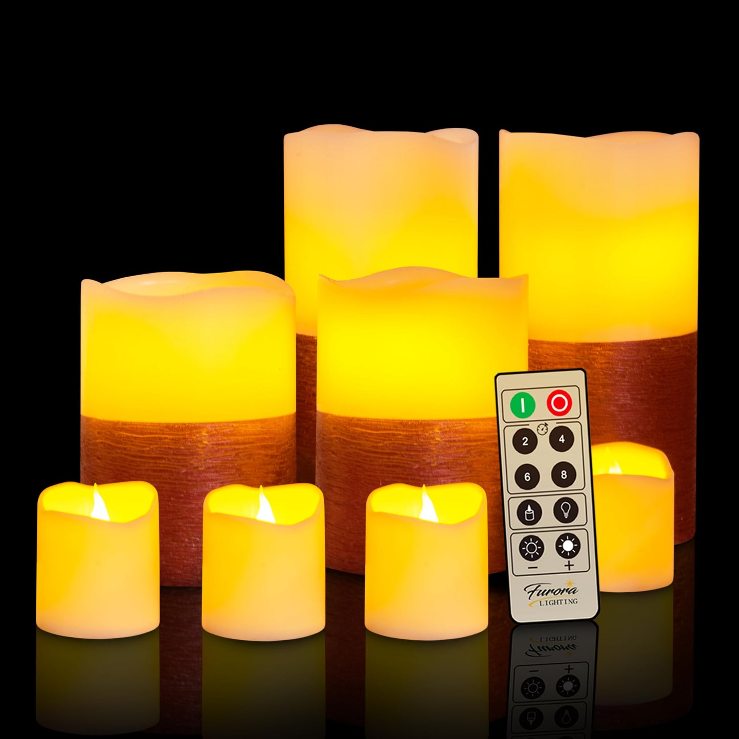 FURORA LIGHTING Red Trim Flameless Candles - Real Wax, Adjustable Brightness, Remote & Timer - 4 Pillars (3x4, 3x6) and 4 Votives, 8-Pack, Battery Operated