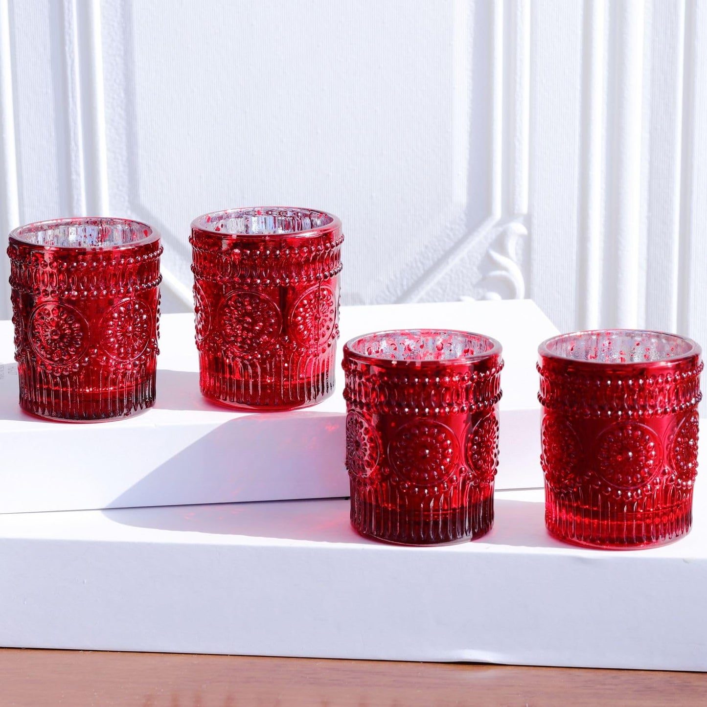 VOHO Red Mercury Glass Candle Holder Set of 12, Boho Sunflower Red Votive Candle Holders for Table Centerpiece, Festive Tealight Candle Holder for Christmas, Thanksgiving, Valentines Day Decorations