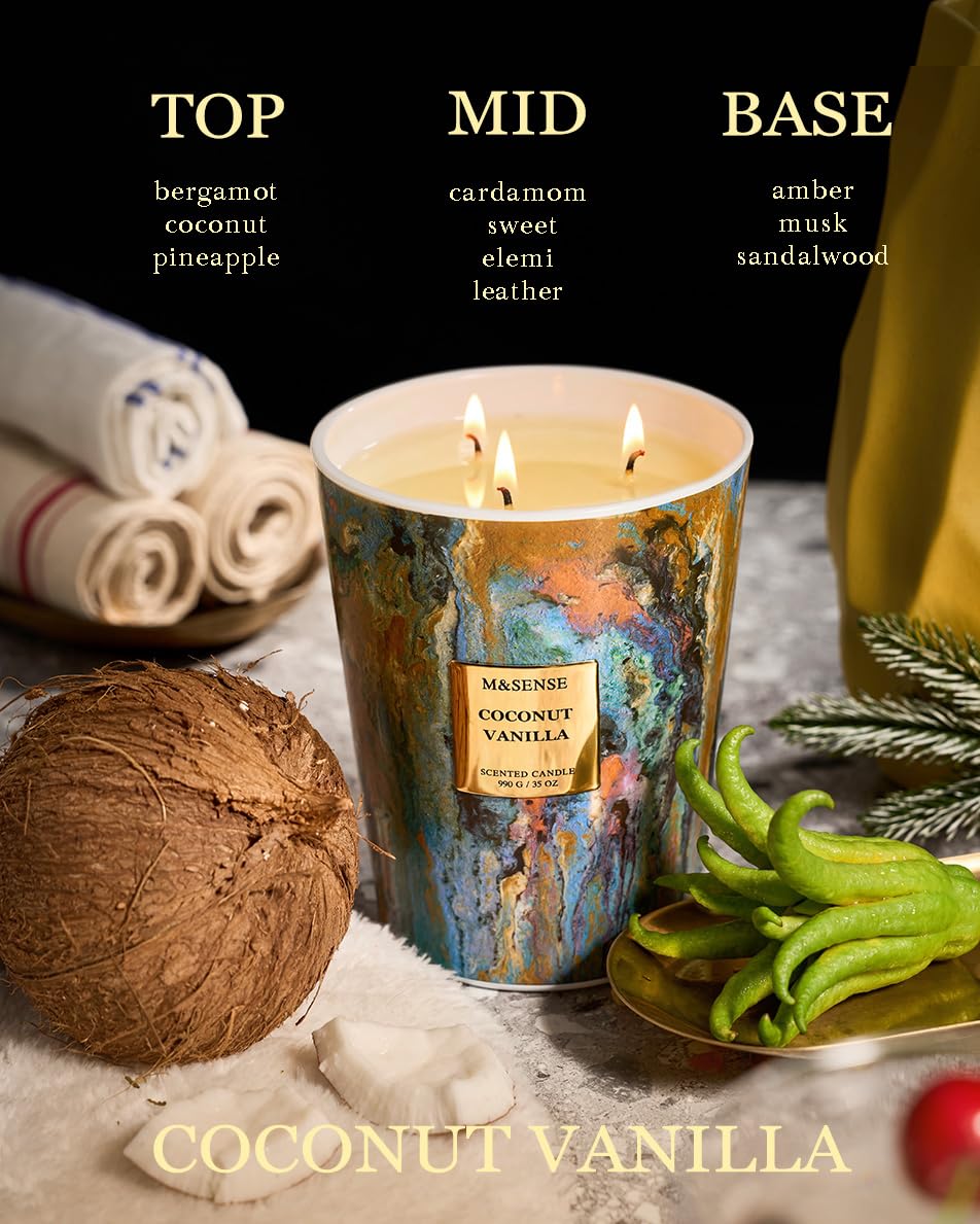 M&SENSE Large 3-Wick Coconut Vanilla Scented Soy Candle, 35oz 150 Hours Non-Toxic, Summer Candles Party Essential Spa Home Fragrance & Decor