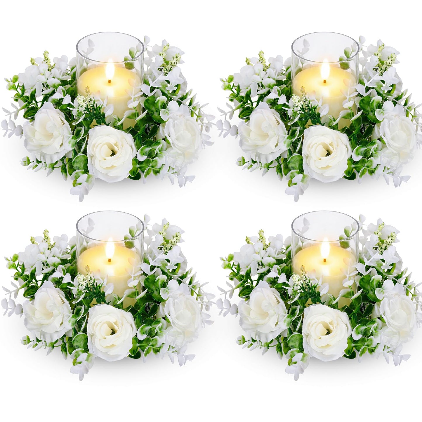 Yunlly 4 Pcs White Rose Candle Wreaths Rings Roses and Green Leaves Candle Holder Rings with LED Flameless Candles, 9.5" Wide for Wedding Windows Table Centerpieces