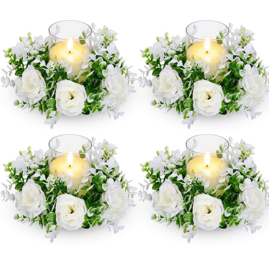 Yunlly 4 Pcs White Rose Candle Wreaths Rings Roses and Green Leaves Candle Holder Rings with LED Flameless Candles, 9.5" Wide for Wedding Windows Table Centerpieces