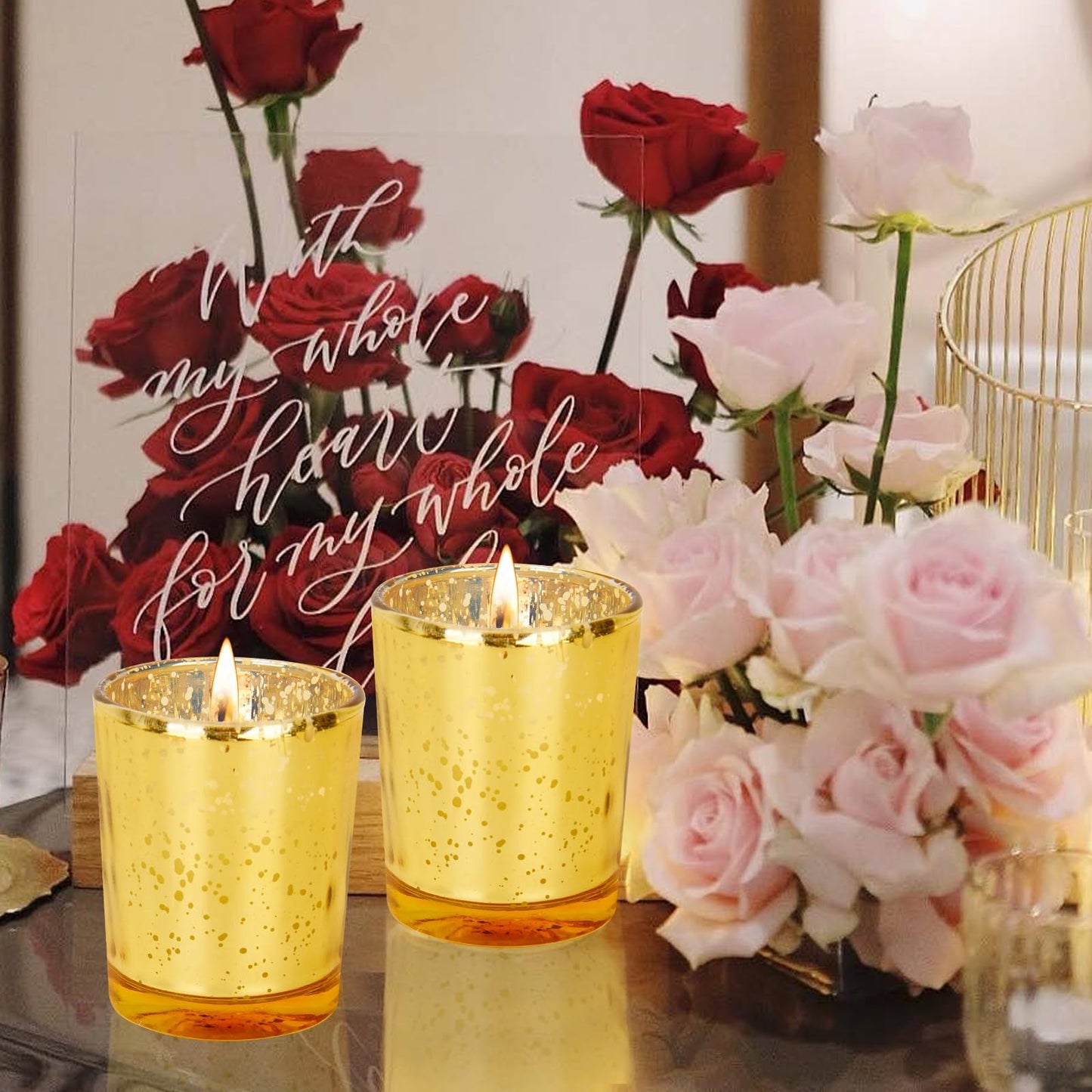 Soft Breeze 24 PCS Speckled Mercury Golden Glass Candle, Unscented Glass Votive Candle, Birthday&Wedding Decorations for Table Home，Anniversary Party Candles,Golden