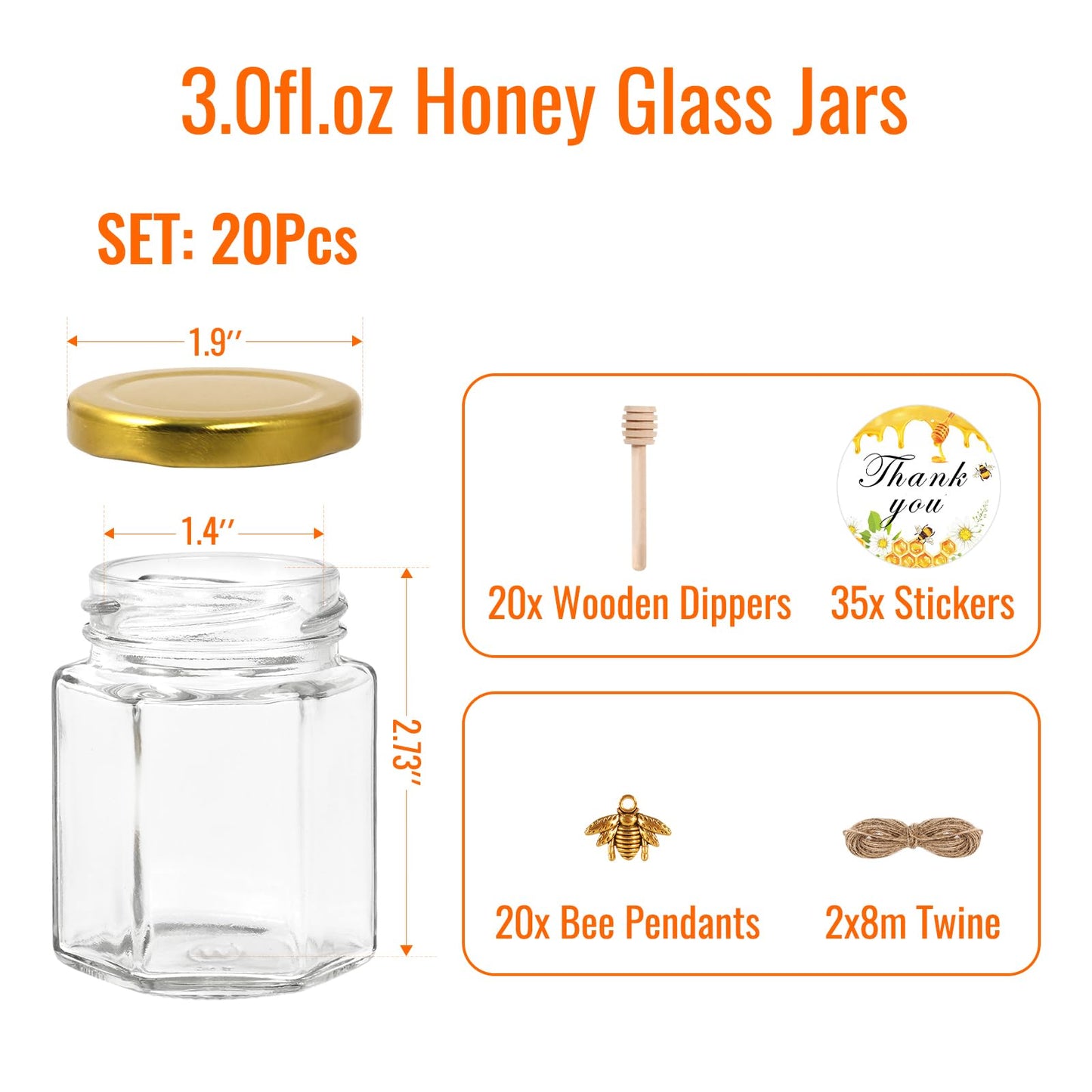 BIGIVACA 3 oz Mini Honey Jars - 20 Pack Hexagon Glass Jars with Wood Dippers, Gold Lids, Bee Pendants, Jutes, Stickers for Wedding Favors, Party Favors, Candle Making
