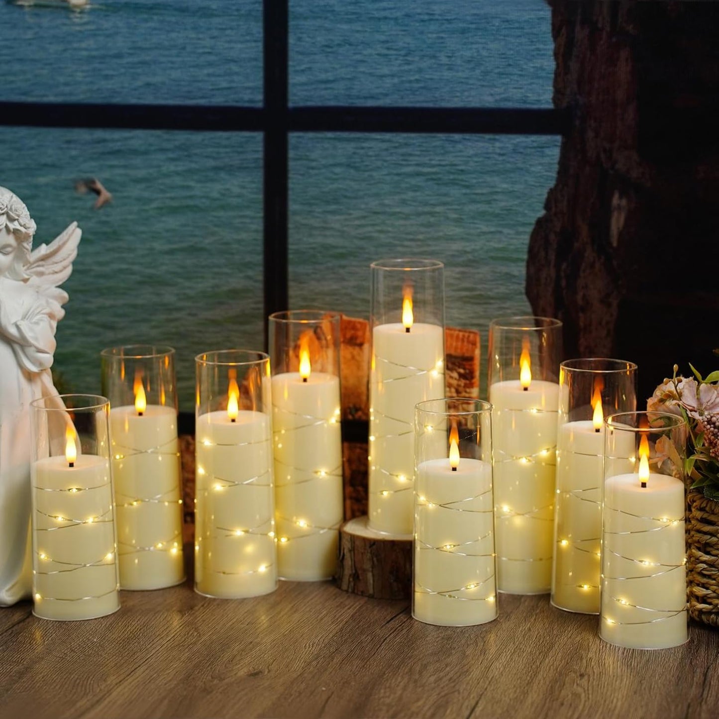 Nimiko Flickering Flameless LED Candles,Battery Operated Candles 9 Pcs with Embedded Star String,Acrylic LED Pillar Candles with Remote,Suitable for Home Decoration to Create an Atmosphere (Ivory)