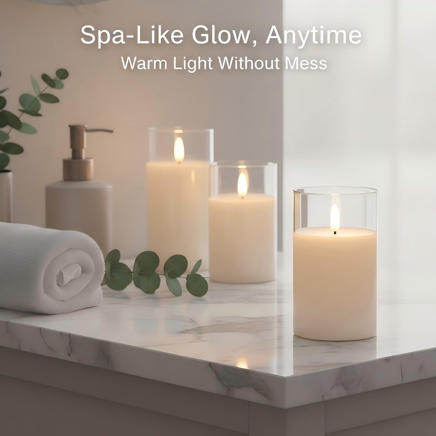 ANGELLOONG Glass Flameless Candles with Remote, White Battery Operated Candles with Timer, Electric Fake LED Candles for Bedroom Farmhouse Bathroom Coffee Table Decor, Clear