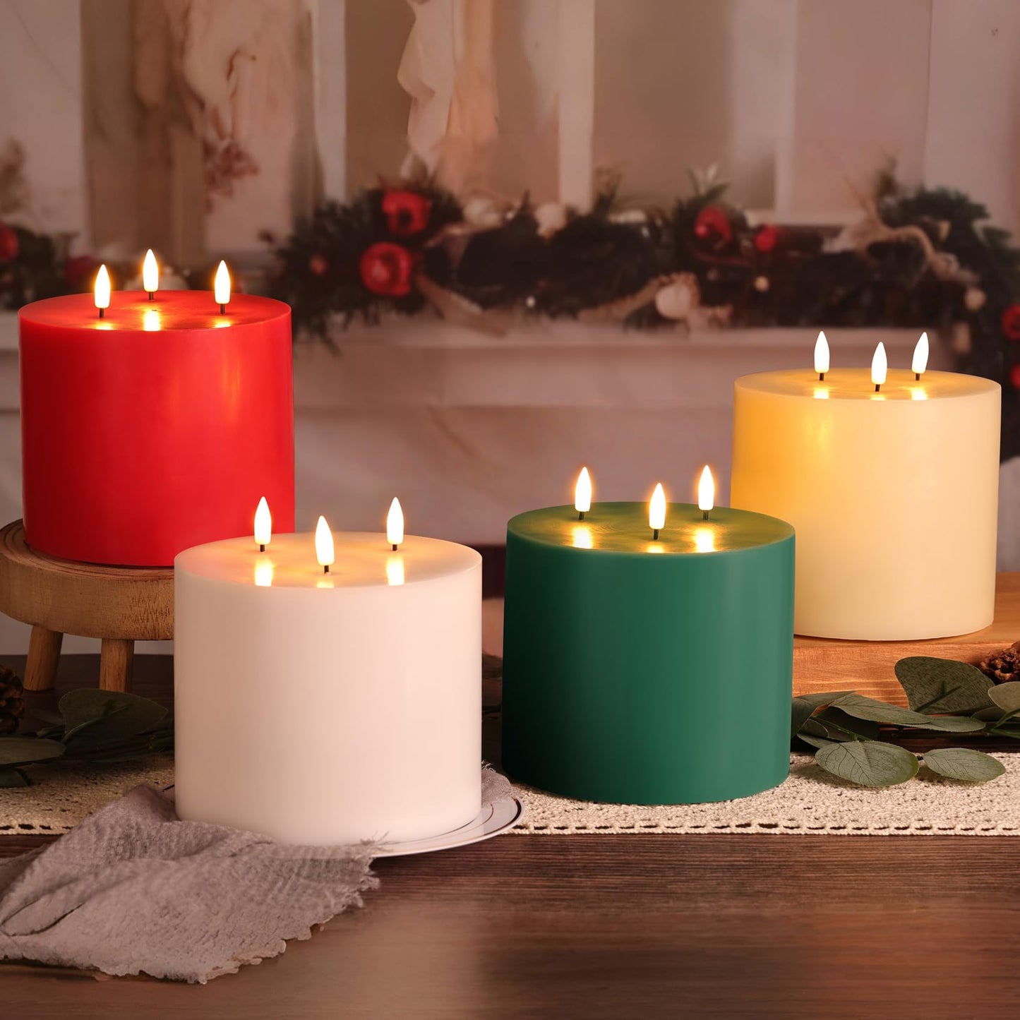 Girimax Green 3 Wick Flameless Candle with Remote, 6x6 inch Large LED Pillar Candle Battery Operated Real Wax Flickering Home Shelf Table Decor
