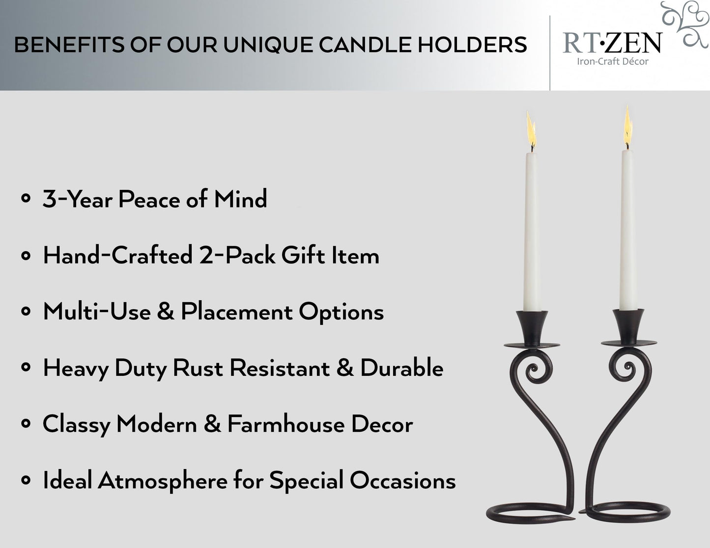 RTZEN Decorative Taper Candle Holders - Modern Wrought Iron Heart Shaped Large Farmhouse Candlestick Holders Stand 2 Pack Set - Black Tall Candle Holder for Table Centerpieces at Home or Events