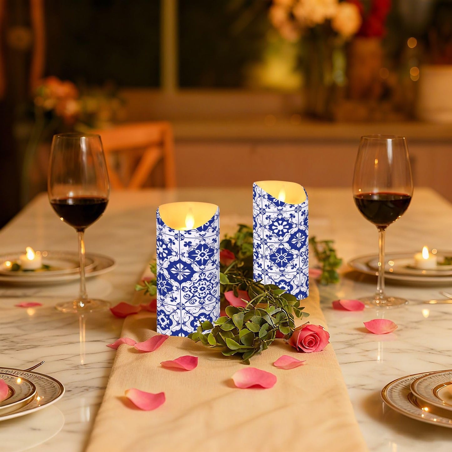 Gravopti Spanish Tiles 2 Pack Flameless LED Pillar Candles with Remote & Timer, Battery Operated, Flickering Wax Candle for Wedding, Romantic Home & Party Decor