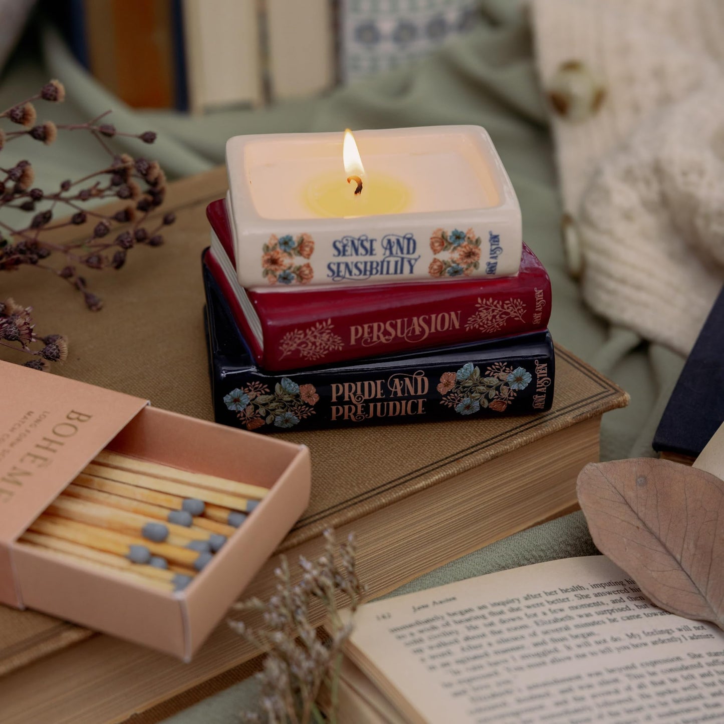 Steel Mill & Co Novelty Shaped Book Theme Scented Candle, Library Stack 6.5 oz Wax Candle with Notes of Earl Gray Tea and Honey, Unique Gift for Book Lovers (Jane Austen)