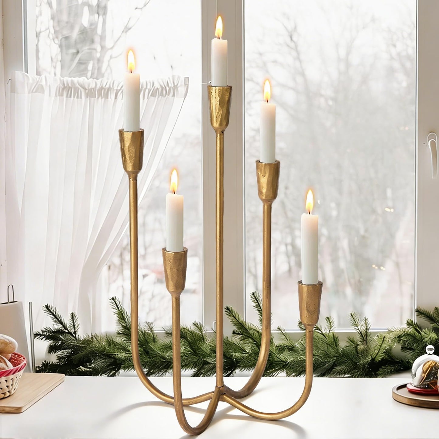 Cast Iron 5-Candle Candelabra Centerpieces for Tables, Gold Candle Holders Wedding Event 17.6 inch Tall Hand-Forged Candlestick Holders for Dining Room, Living Room or Mantel