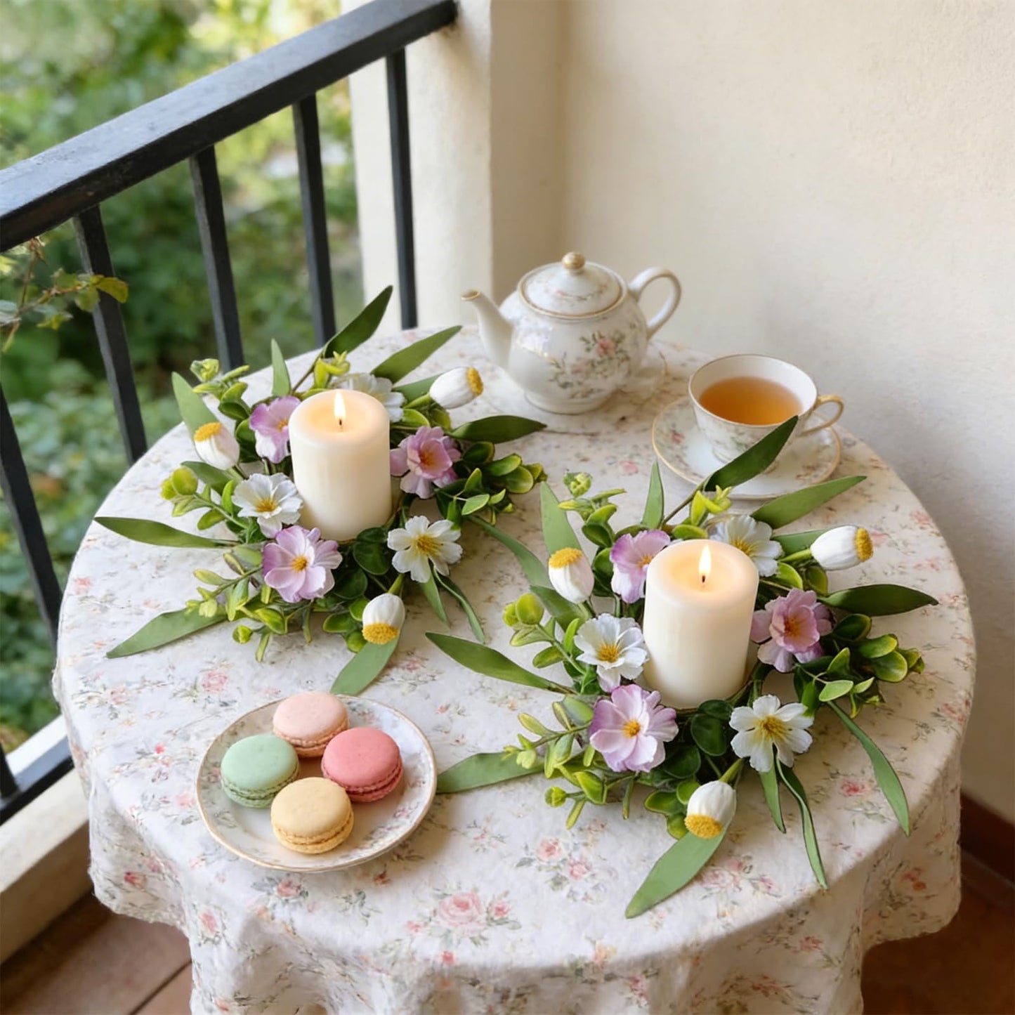 6 Pcs Small Spring Summer Candle Ring Wreaths with Artificial Pink White Flower and Yellow Fruit Mini Pillar Candle Holder Wreath with Lavender for Home Kitchen Cabinets Table Centerpieces Front Door