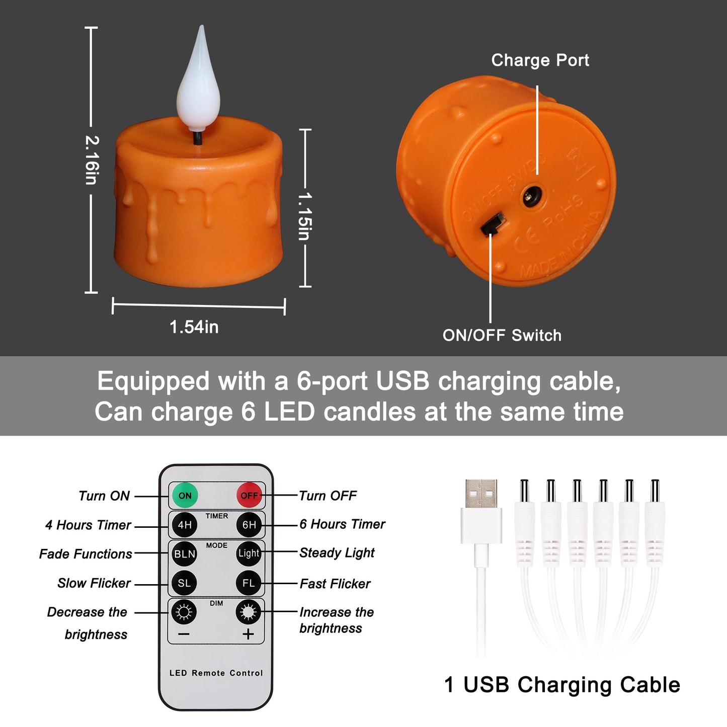 FREEPOWER Orange Halloween Candles,Rechargeable Flameless Candles with Remote Timer, Soft 3D Wick LED Tealights Candle, Rechargeable Candles Flickering Realistic for Halloween Decorations,Set of 6