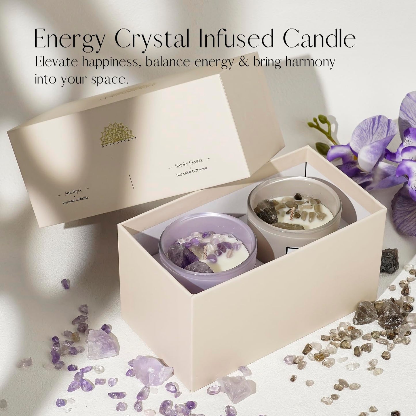 AvaConcept Healing Crystal Candle Gift Set – Amethyst & Smoky Quartz | Hand-Poured Soy Wax Candles Lavender Vanilla & Sea Salt Driftwood Aromatherapy Natural Crystals Infused Set of 2/5.3oz Each