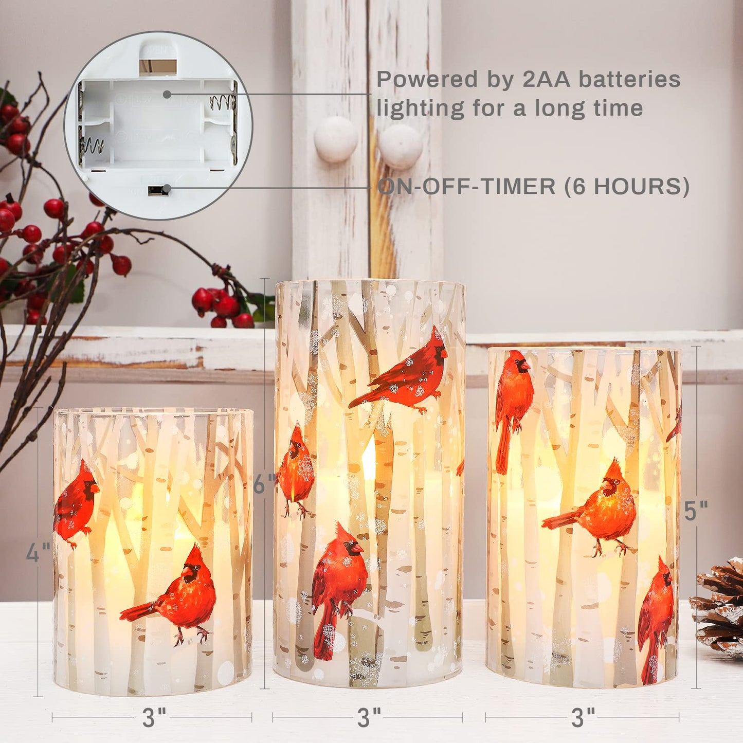 Crystal Club Flameless Candles, Cardinal Theme, (Set of 3) Battery Operated LED Candles with Remote, Real Wax & Glass Effect Candle with Timer for Christmas Home Festival Décor