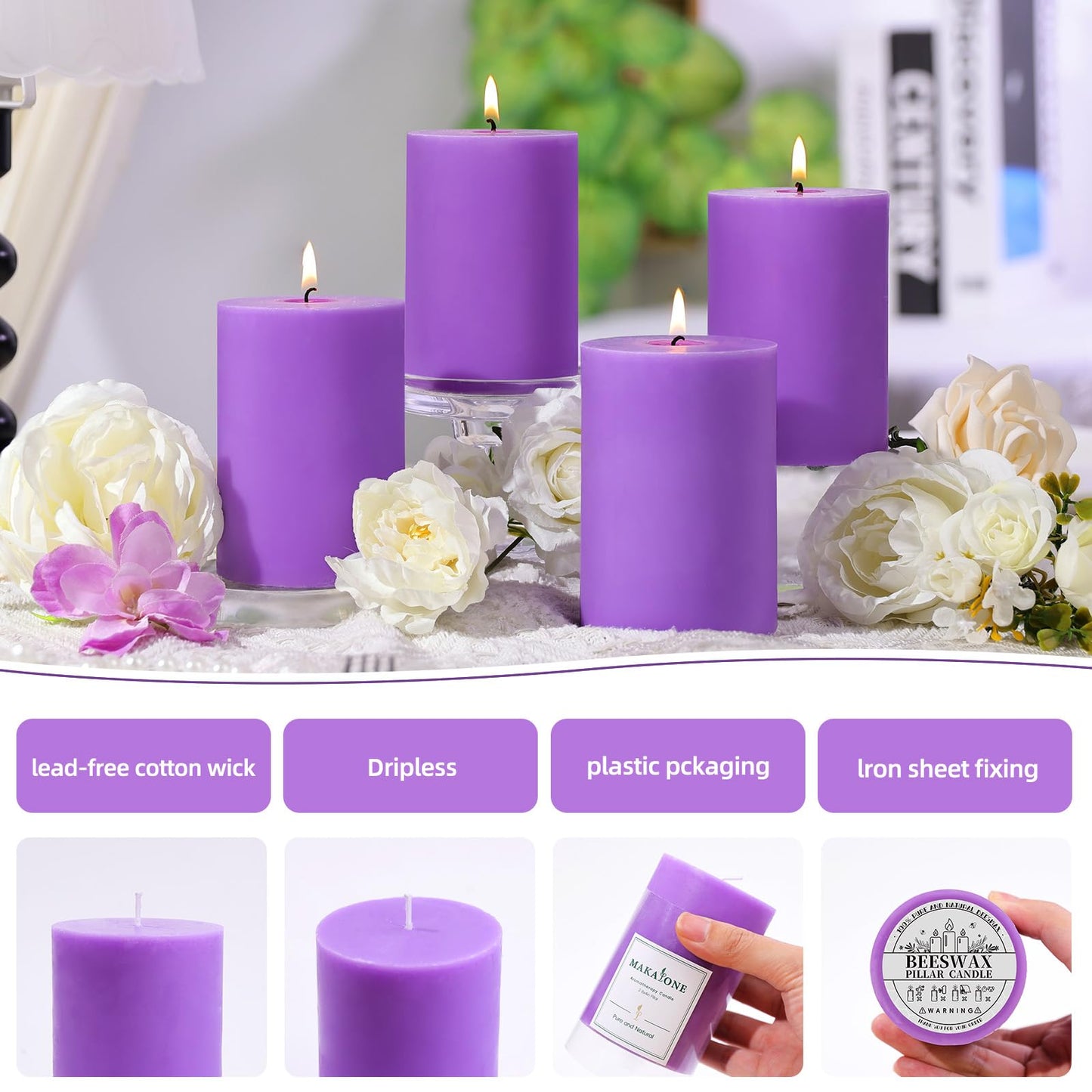 4 Pack Lilac Scented Soy Pillar Candle 2.8x4In,240H Long Burn,Natural Spring Floral Aromatherapy Hand-Poured Candles for Stress Relief,Relaxation & Home Decor,Mother’s Day Gifts,Smokeless & Non-Toxic