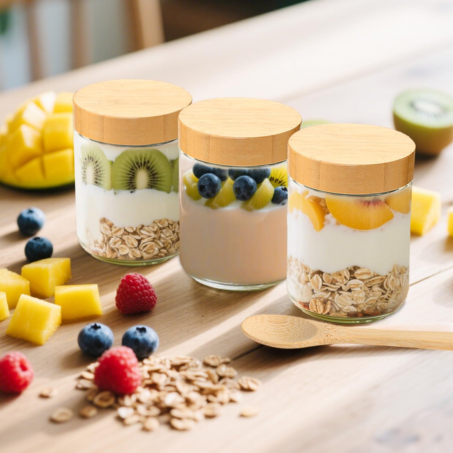 TBWIND 4 Pack 16oz Glass Jars with Bamboo Lids, Spoons, Airtight Overnight Oats Containers, Wide Mouth Mason Jars, Food Storage Container for Yogurt Salad Snacks Spice Sugar Meal Prep – Reusable