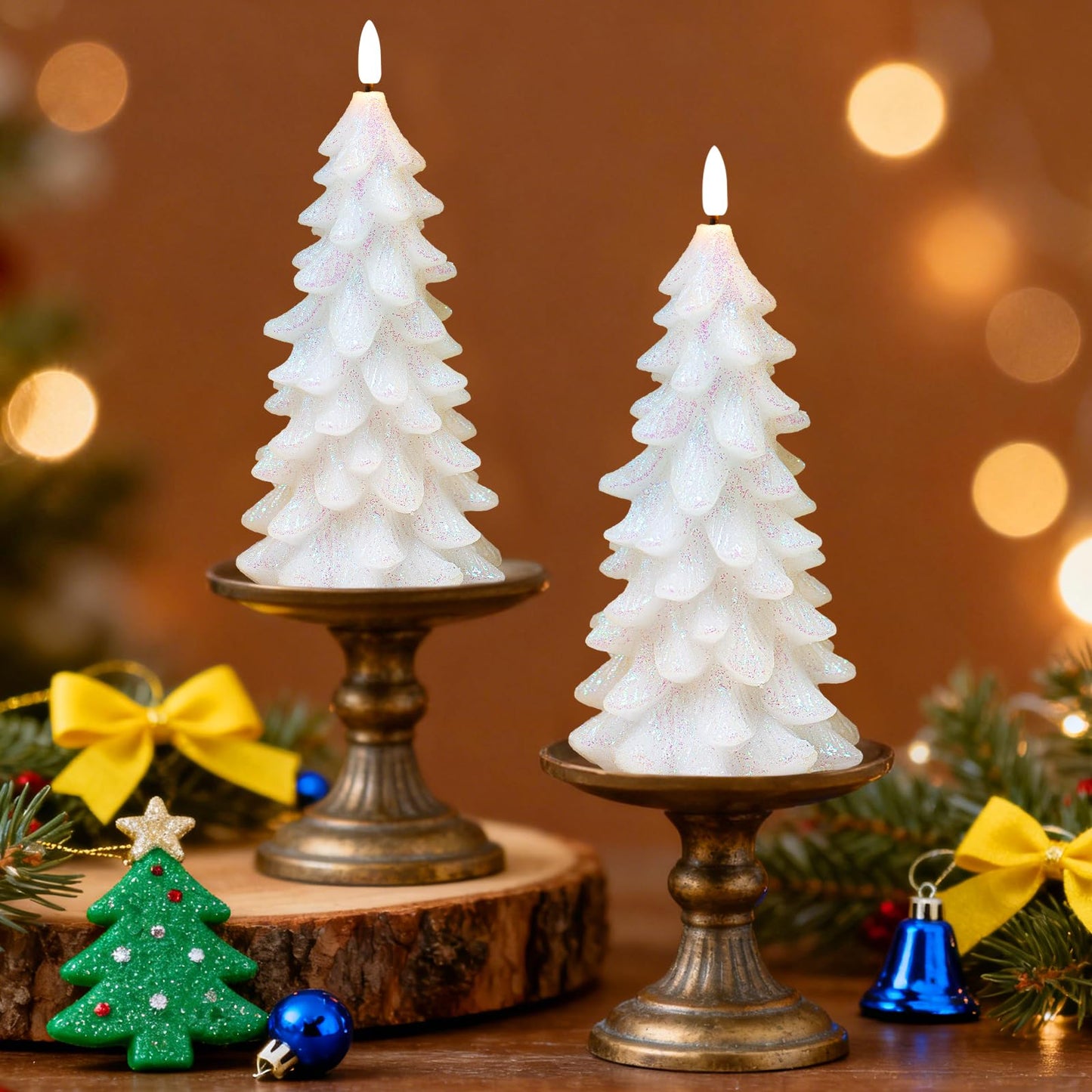 Lumeavetra Glittering Christmas Tree Shaped Flameless Candles, Flickering Real Wax Battery Operated LED Candles with Timer for Holiday Home Party Decorations, Set of 2