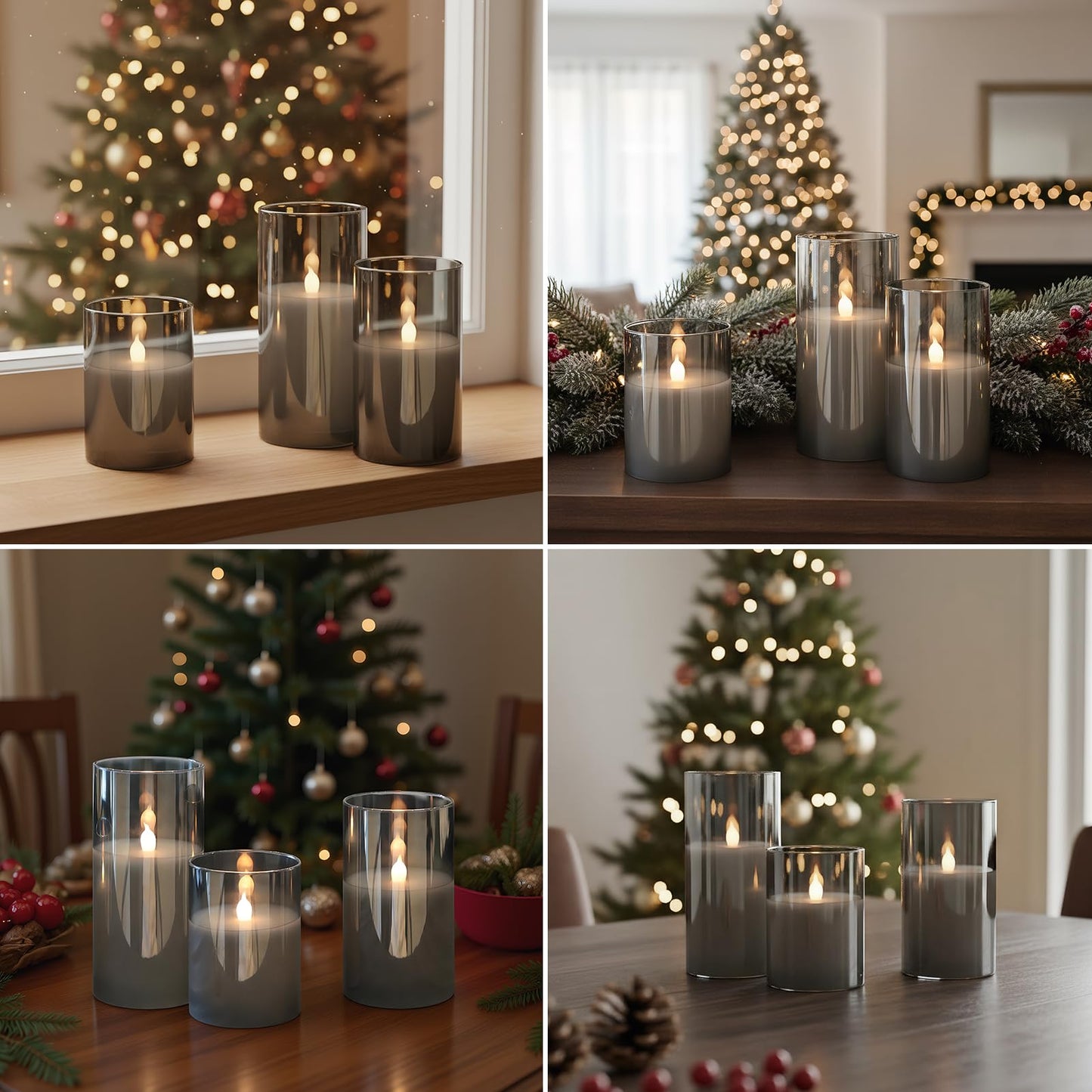 GenSwin Gray Glass Battery Operated Flameless Led Candles with 10-Key Remote and Timer, Real Wax Candles Warm White Flickering Light for Home Decoration(Set of 3)