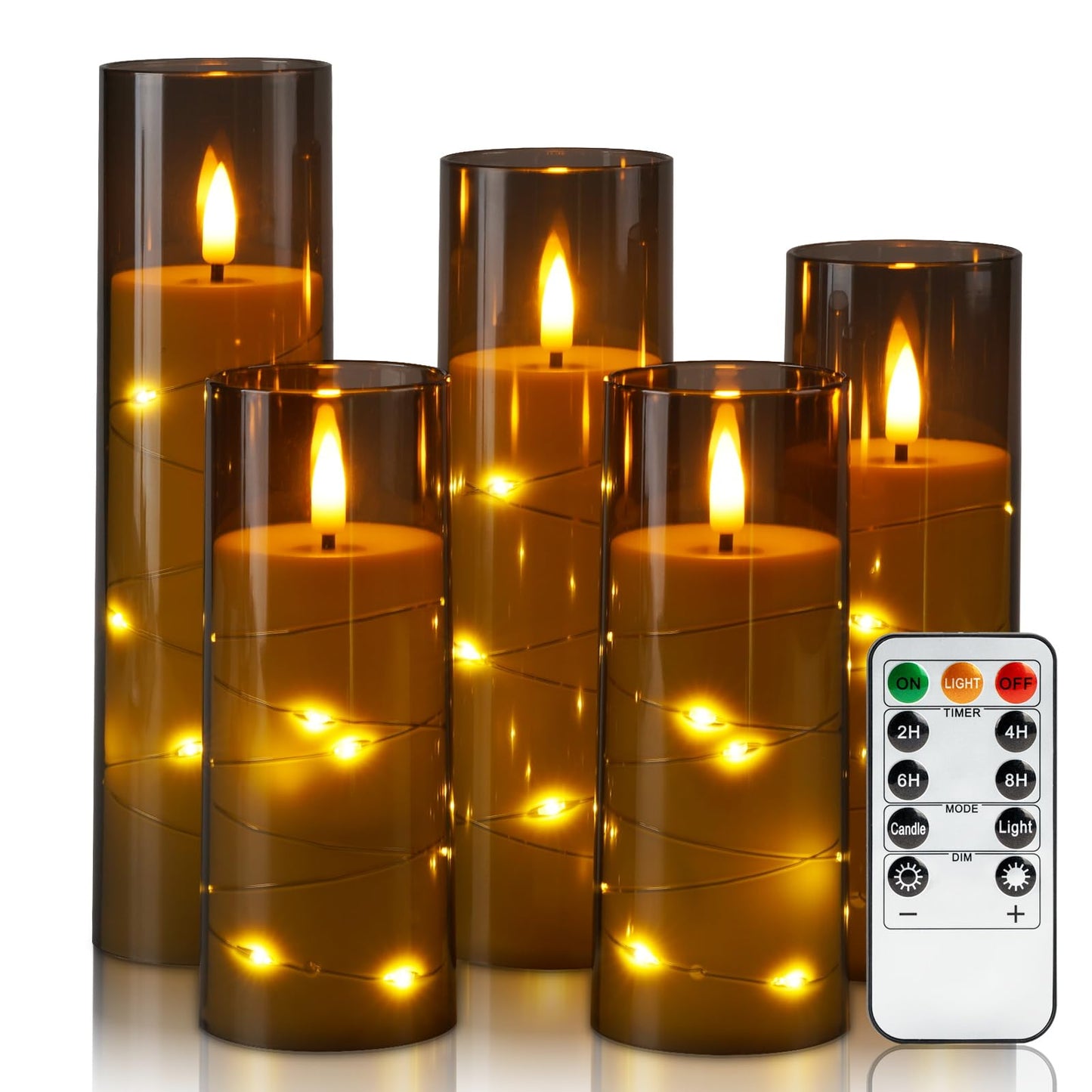 Homemory Flameless Candles with Star String Fairy Lights, Battery Operated Candles, LED Candle, Fake Candles with Remote Control and Timer, Modern Home Decor, Grey, Set of 5