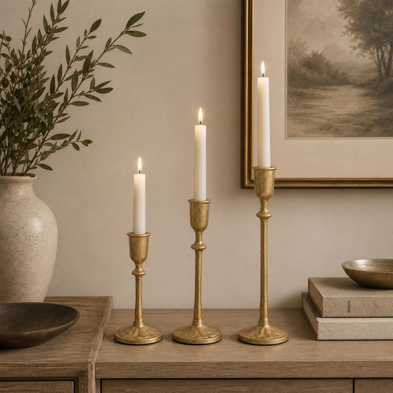 PUKUPIG Candlestick Holders, Set of 3 Taper Candle Holders with Heavy Duty Weighted Base, Matte Brass Gold Metal Stands for Wedding, Mantel & Table Decor, Fits 3/4" & 7/8" Candles