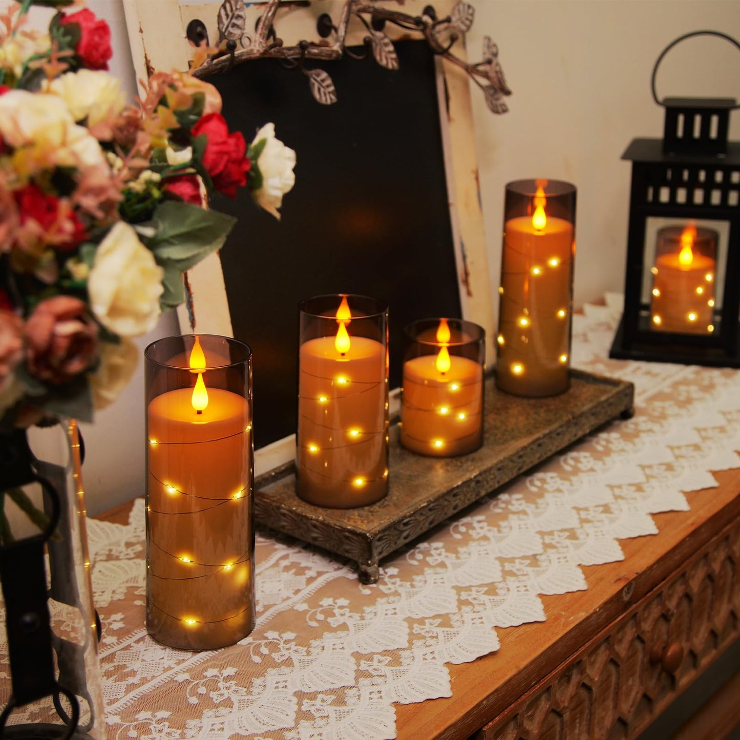 Homemory 9 Pcs Flameless Candles with Embedded Star String Fairy Lights, Battery Operated Candles, LED Fake Candles with Remote Control and Timer, Gray Acrylic