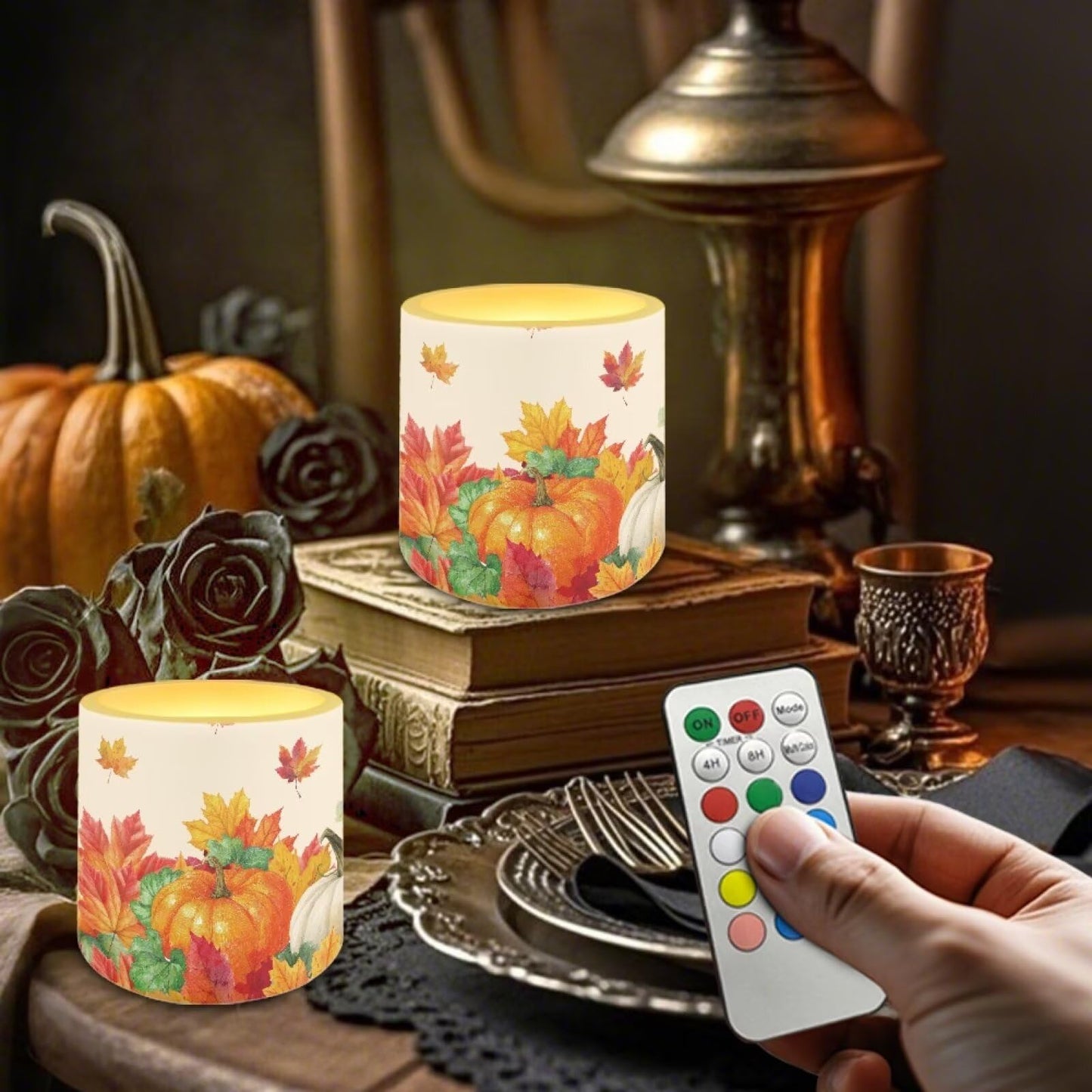 Cozeyat Harvest Pumpkin Flameless Candles 4 Pack Battery Operated with Remote Control Timer LED Pillar Candles Waterproof for Indoor Outdoor Use