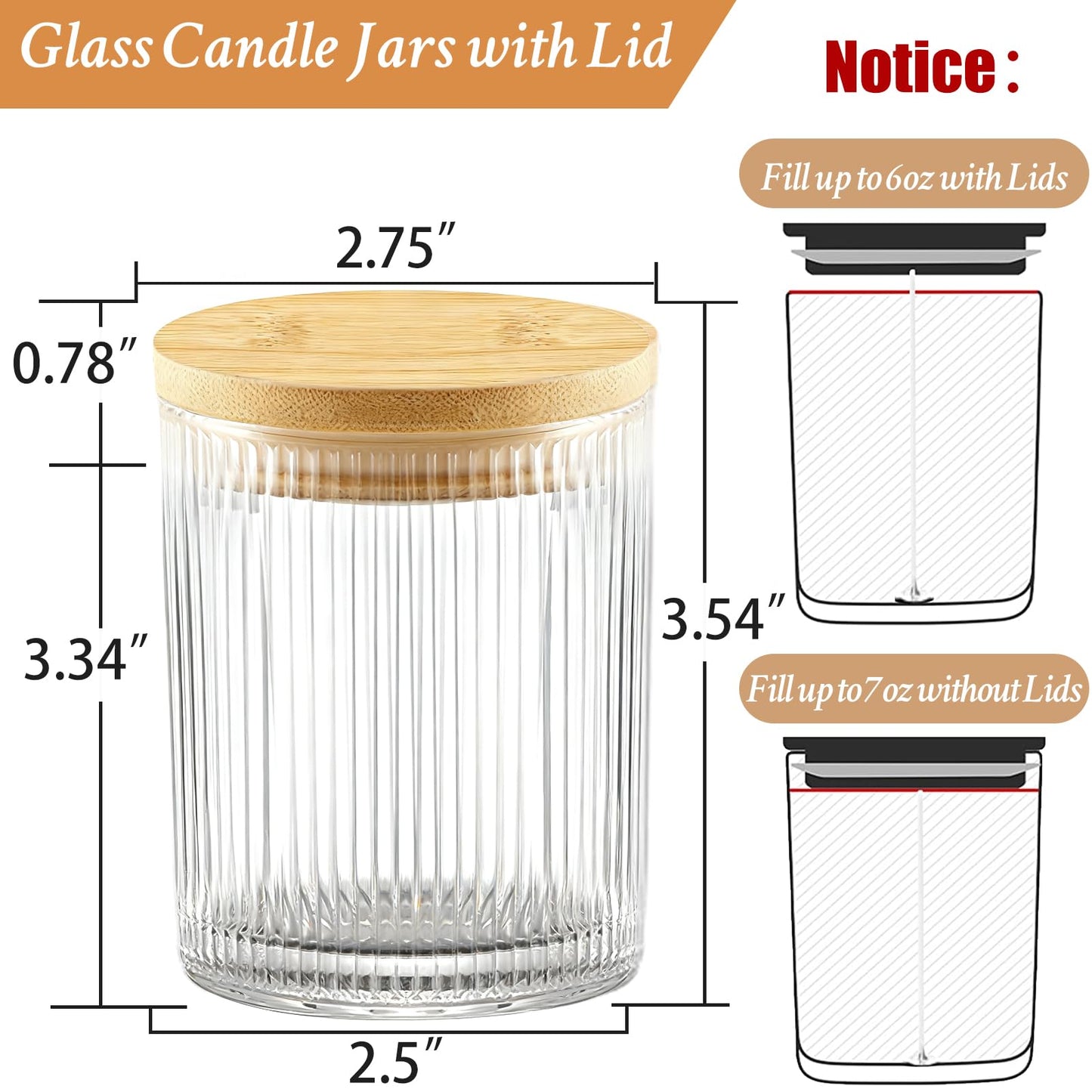 CONNOO 16 Pack 7 OZ Thick Ribbed Glass Candle Jars for Making Candles with Airtight Bamboo Lids, Wicks & Stickers, for DIY Candle Making, Bulk Orders, Gifts & Home Décor, Clear