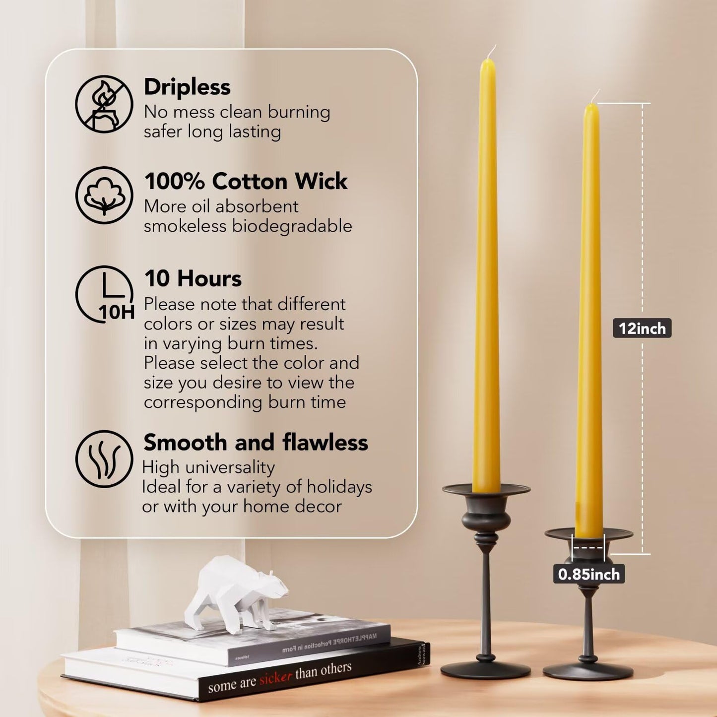 Pickood 12-Inch Tall Dripless Taper Candles Set of 4 - Mustard Yellow Tapered Candles, Perfect for Spring - Smokeless, Unscented, Long Burning - Hand Poured, Colored Tall Candlesticks - Mustard
