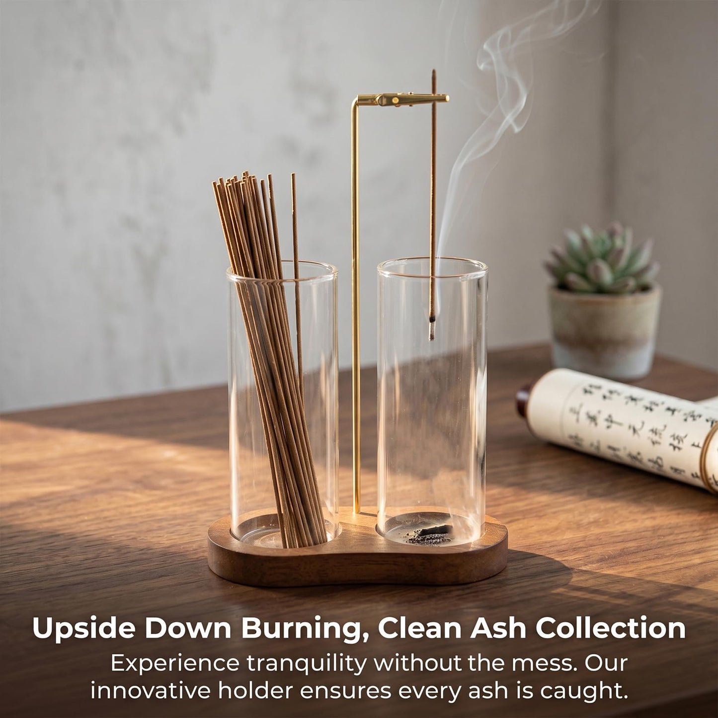 E-DAYS 2-in-1 Hanging Incense Holder, Upside Down Incense Burner with Glass Ash Catcher & Storage Compartments– Modern Wooden Home Decor, Easy to Clean