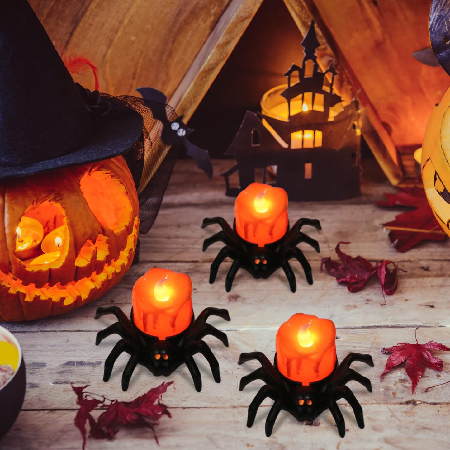 Lasumora Halloween Decorations Tea Lights Candles with 6H Timer, 6 PCS Φ 1.6" H 1.6" Battery Operated Halloween Candles Flameless LED Candle Holders Flickering Table Party Halloween Decor Indoor